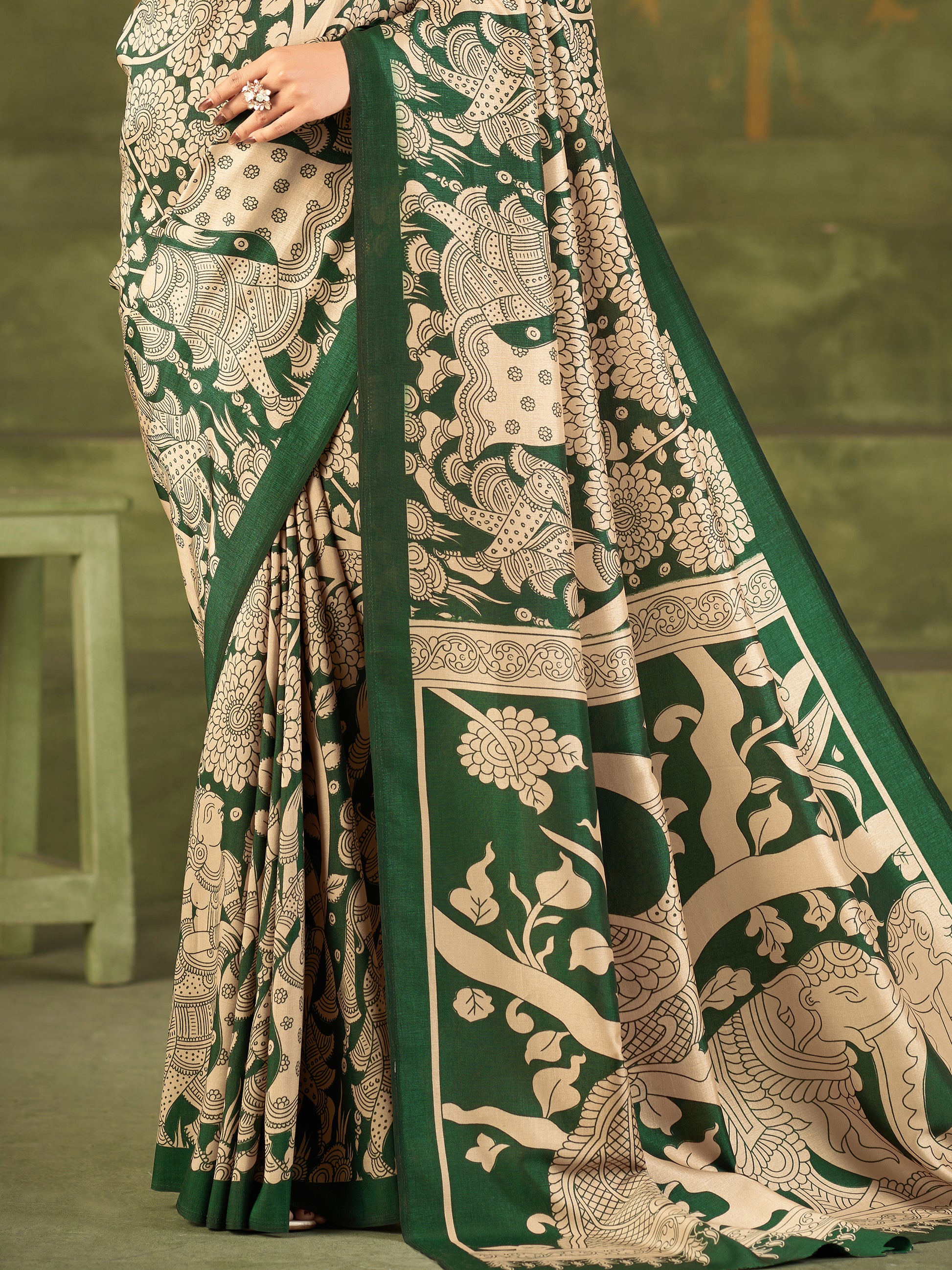 Wonderful Green Kalamkari Printed Silk Casual Wear Saree