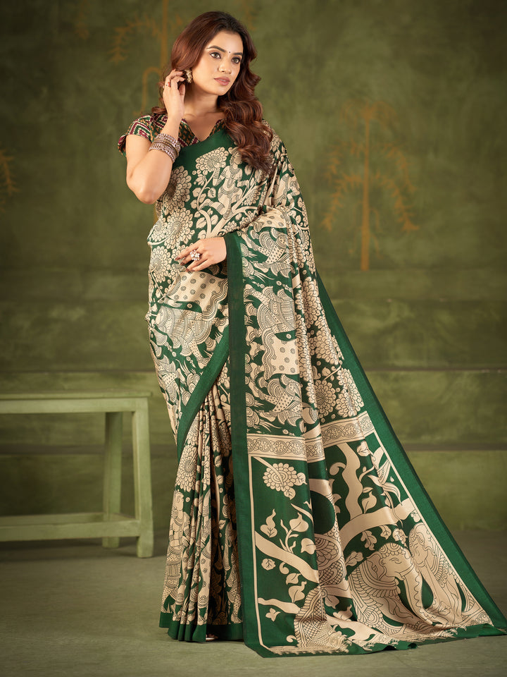 Wonderful Green Kalamkari Printed Silk Casual Wear Saree