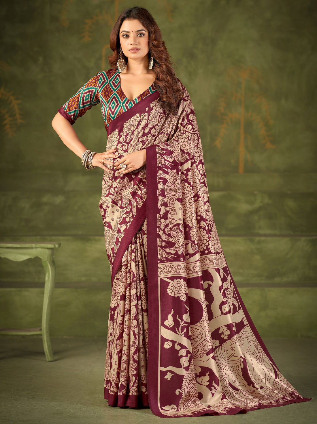 Sparkling Maroon Kalamkari Printed Silk Saree With Blouse