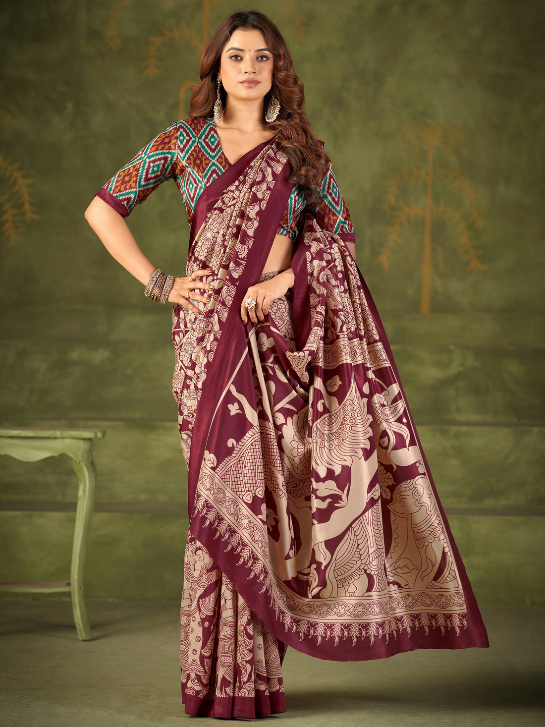 Sparkling Maroon Kalamkari Printed Silk Saree With Blouse