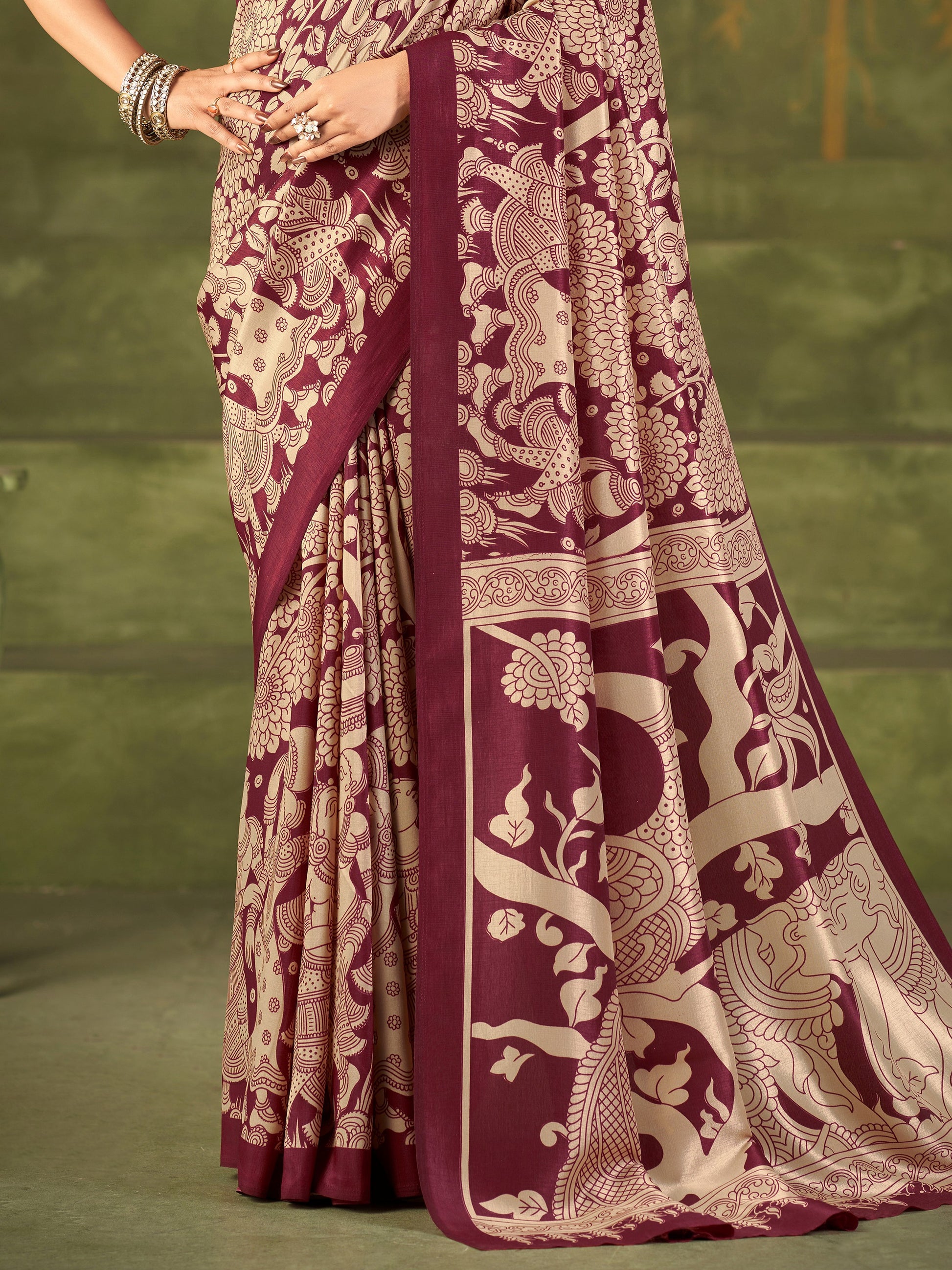 Sparkling Maroon Kalamkari Printed Silk Saree With Blouse