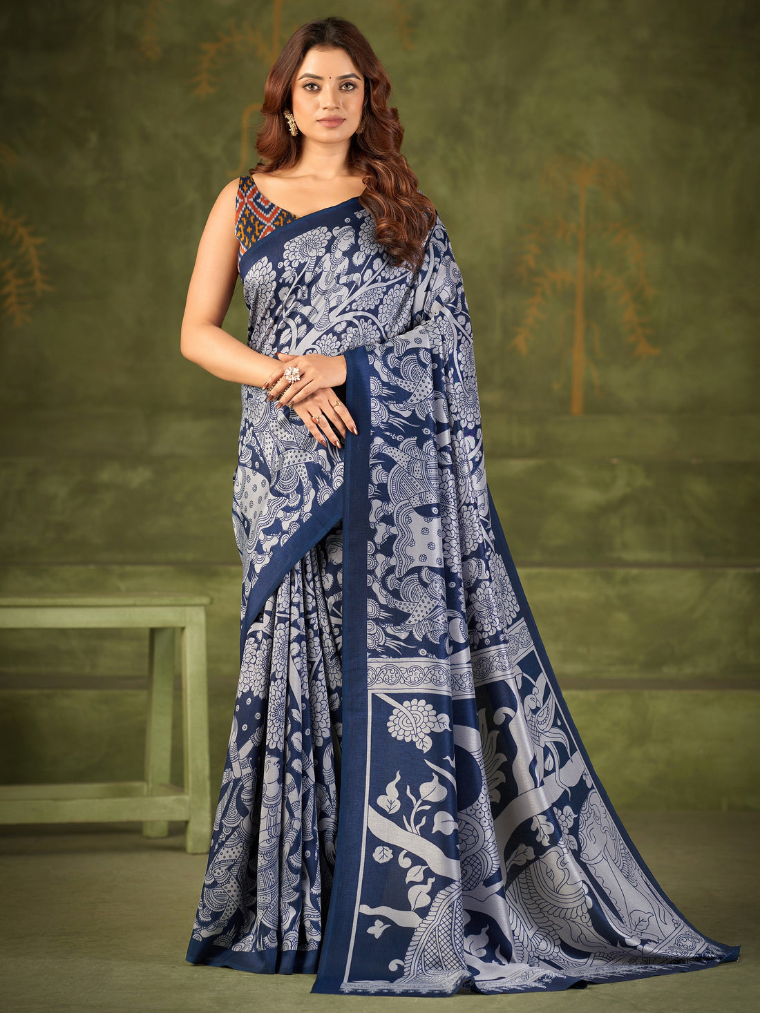 Charming Navy Blue Kalamkari Printed Silk Festival Wear Saree