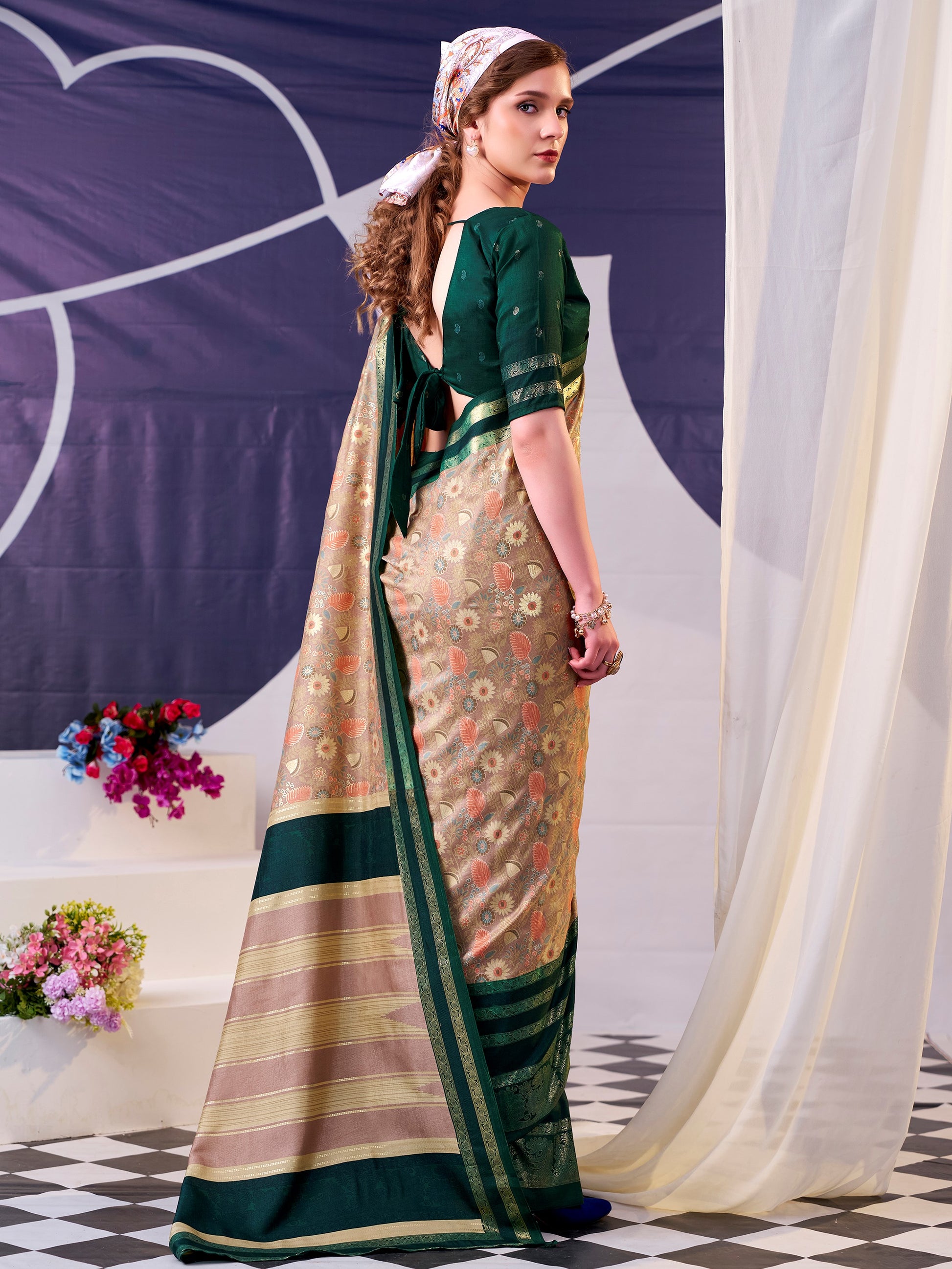 Fabulous Green Foil Work  Silk Festive Wear Saree With Blouse