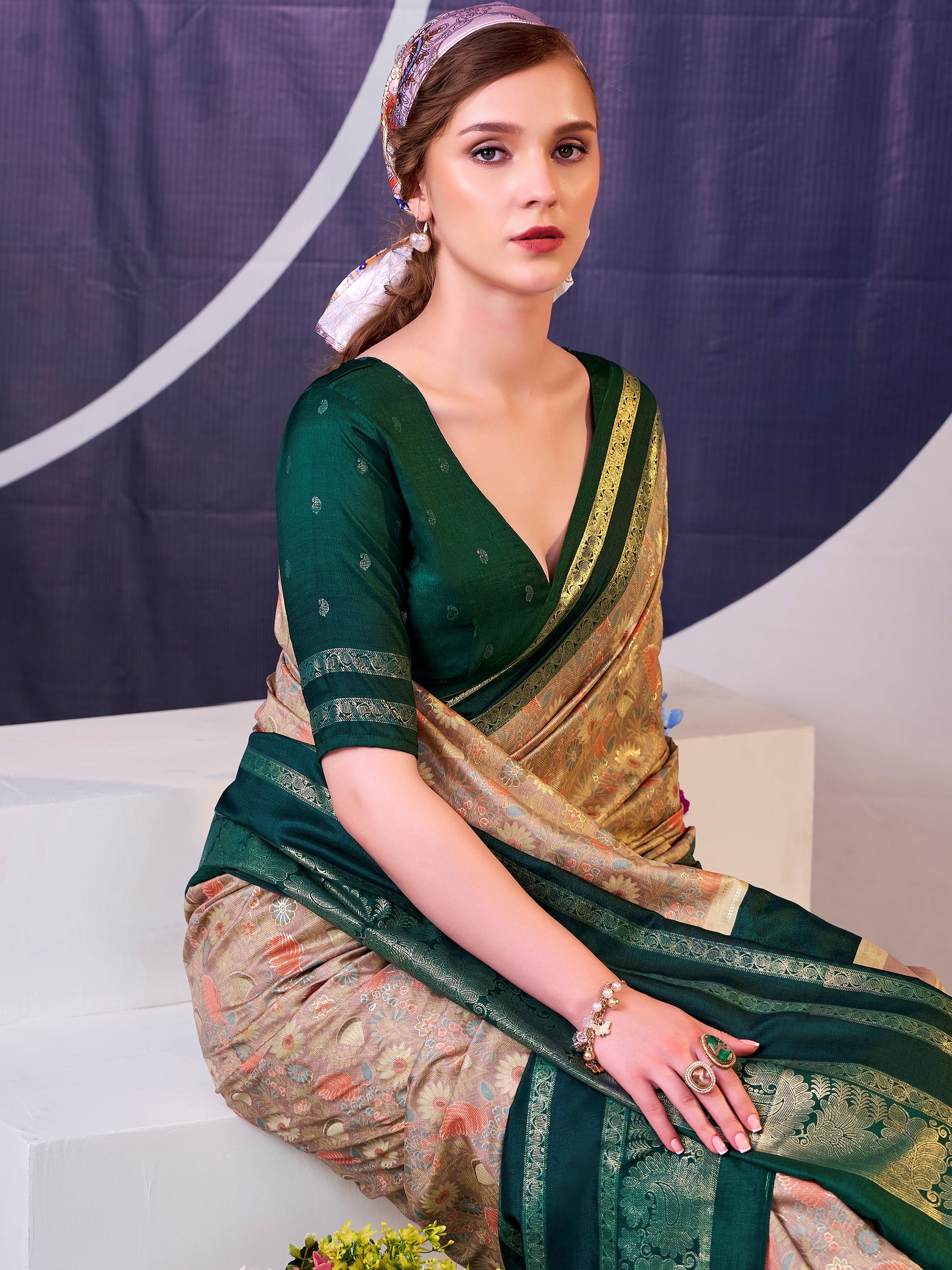 Fabulous Green Foil Work  Silk Festive Wear Saree With Blouse