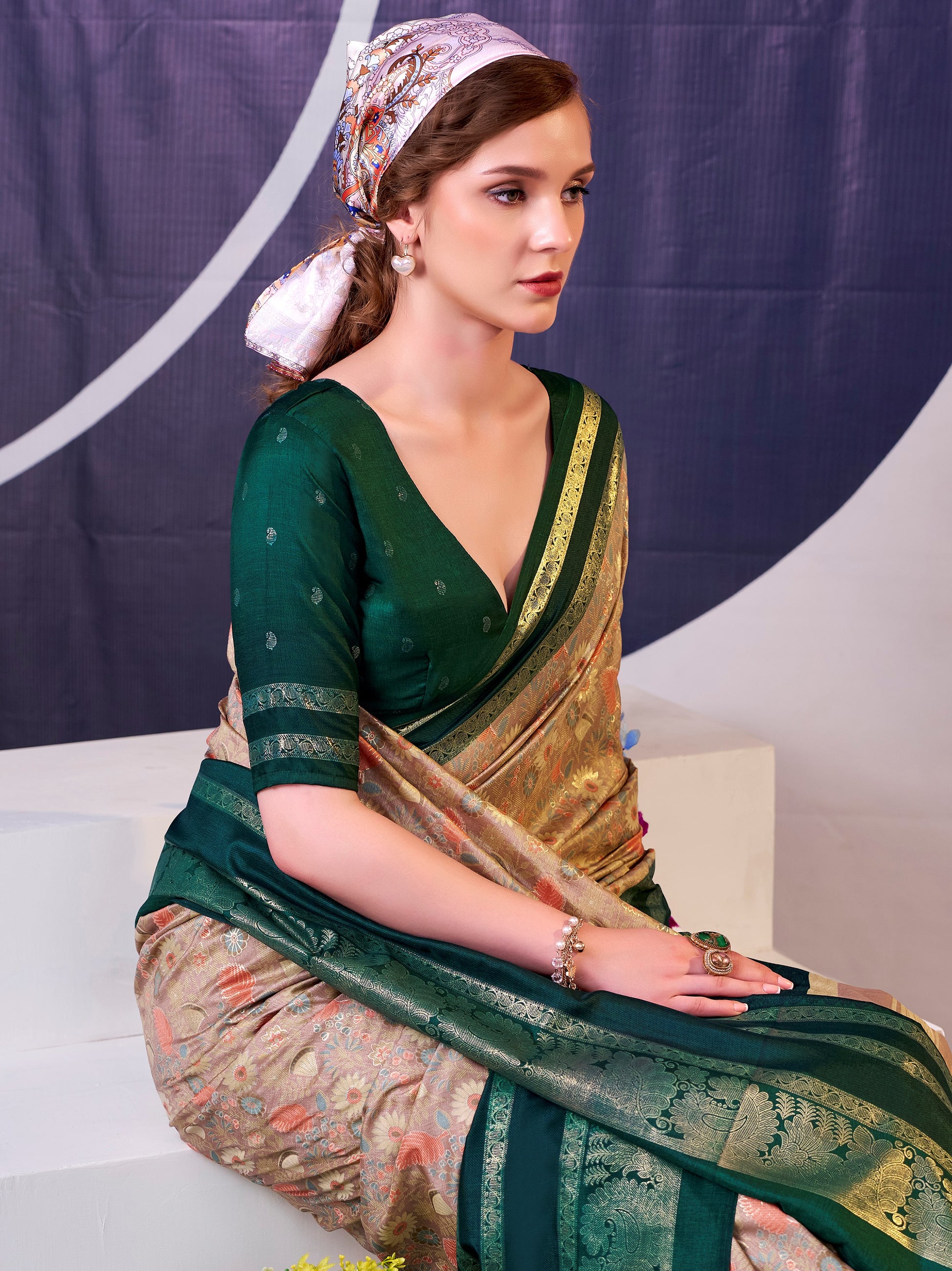 Fabulous Green Foil Work  Silk Festive Wear Saree With Blouse
