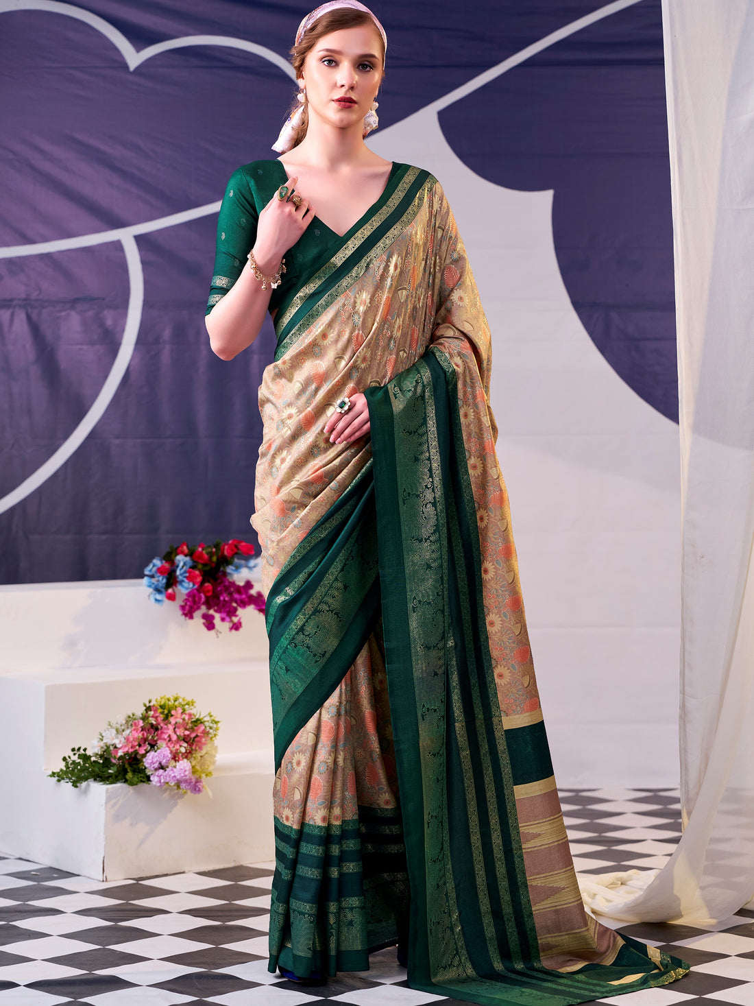 Fabulous Green Foil Work  Silk Festive Wear Saree With Blouse
