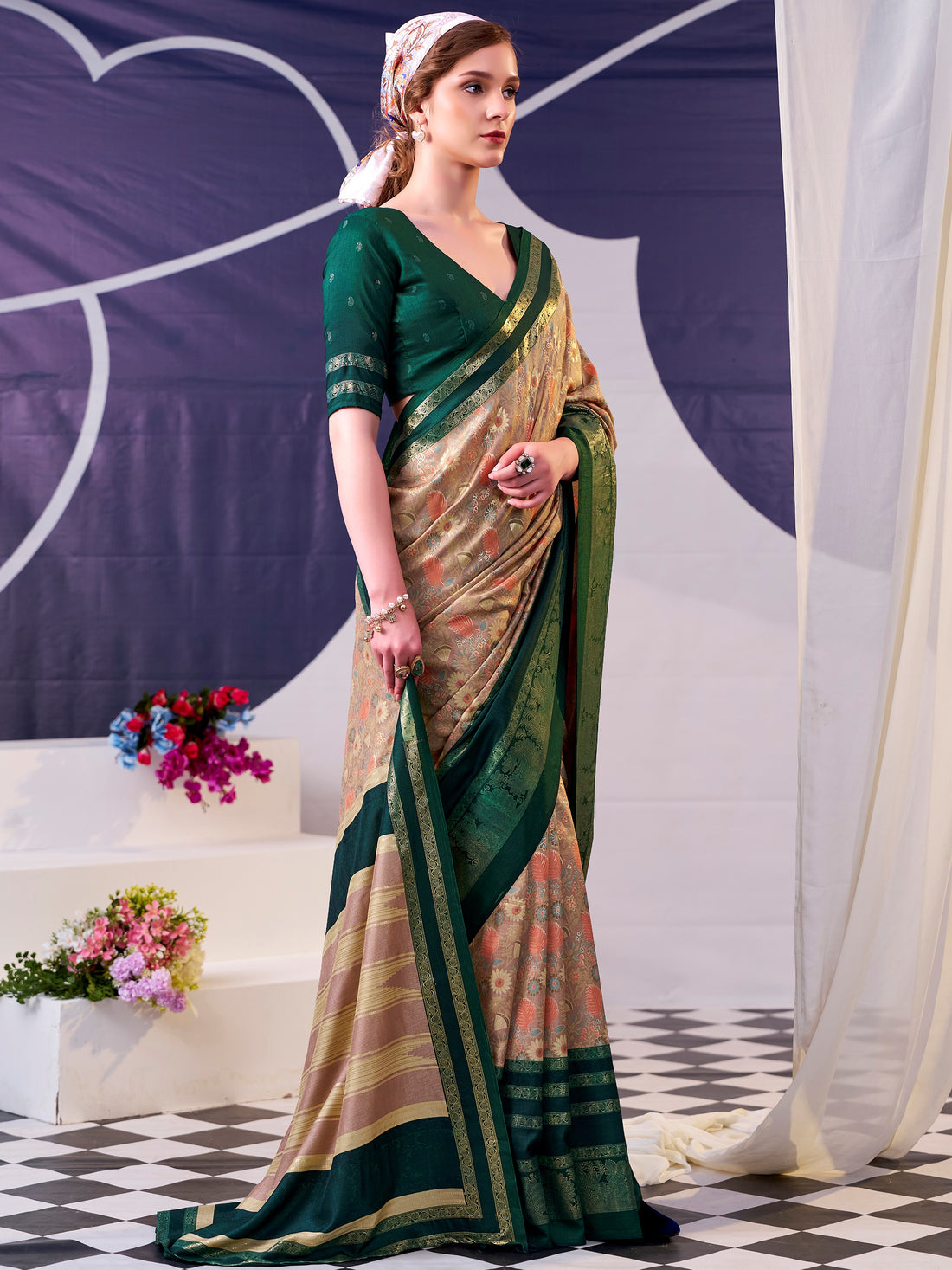 Fabulous Green Foil Work  Silk Festive Wear Saree With Blouse