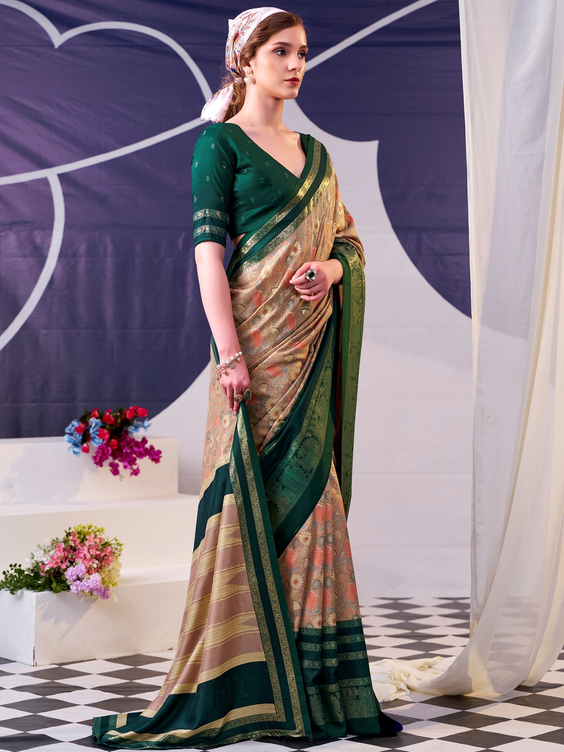 Fabulous Green Foil Work  Silk Festive Wear Saree With Blouse