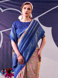 Precious Blue Floral Printed Silk Festive Wear Saree With Blouse