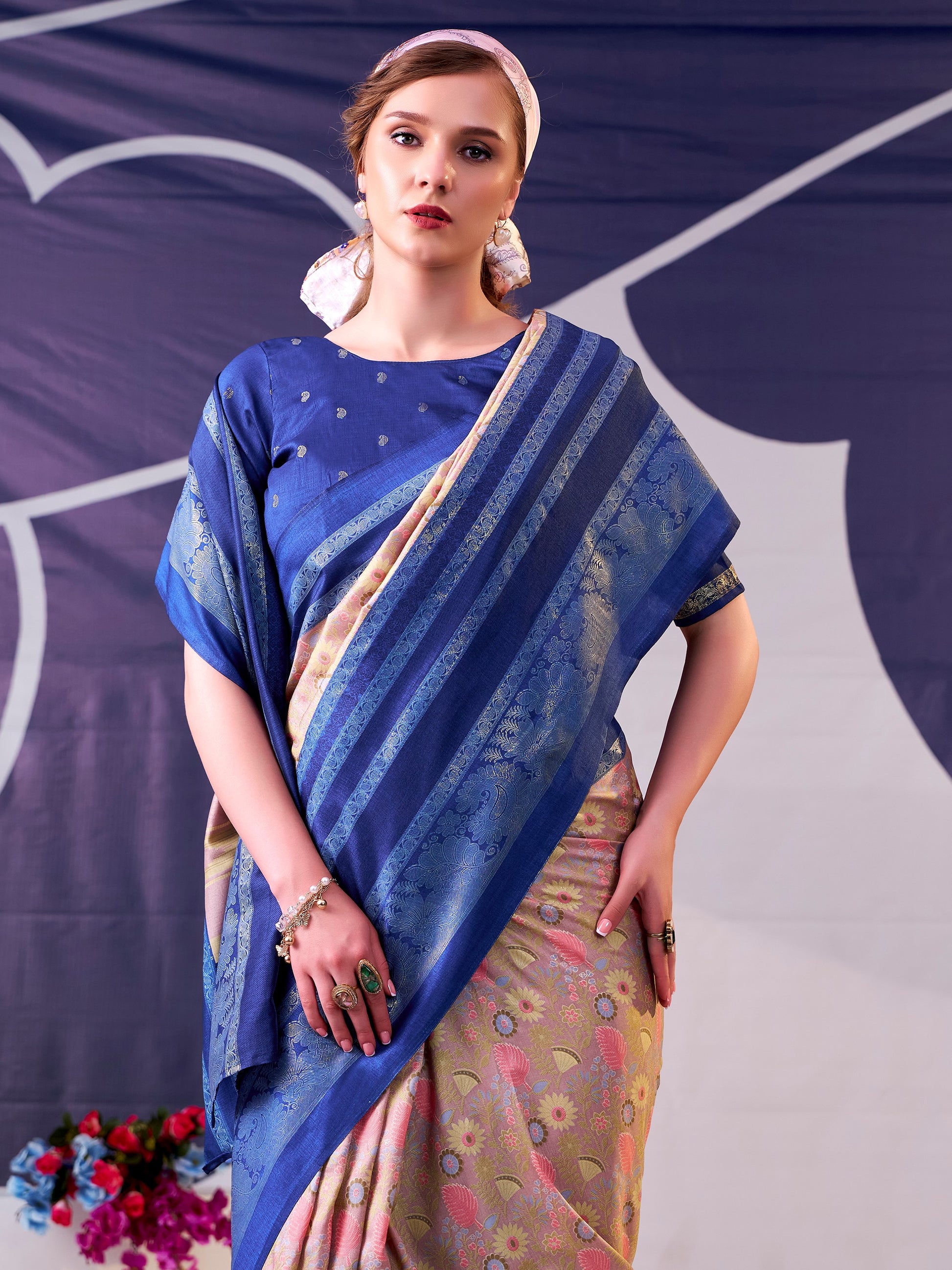 Precious Blue Floral Printed Silk Festive Wear Saree With Blouse