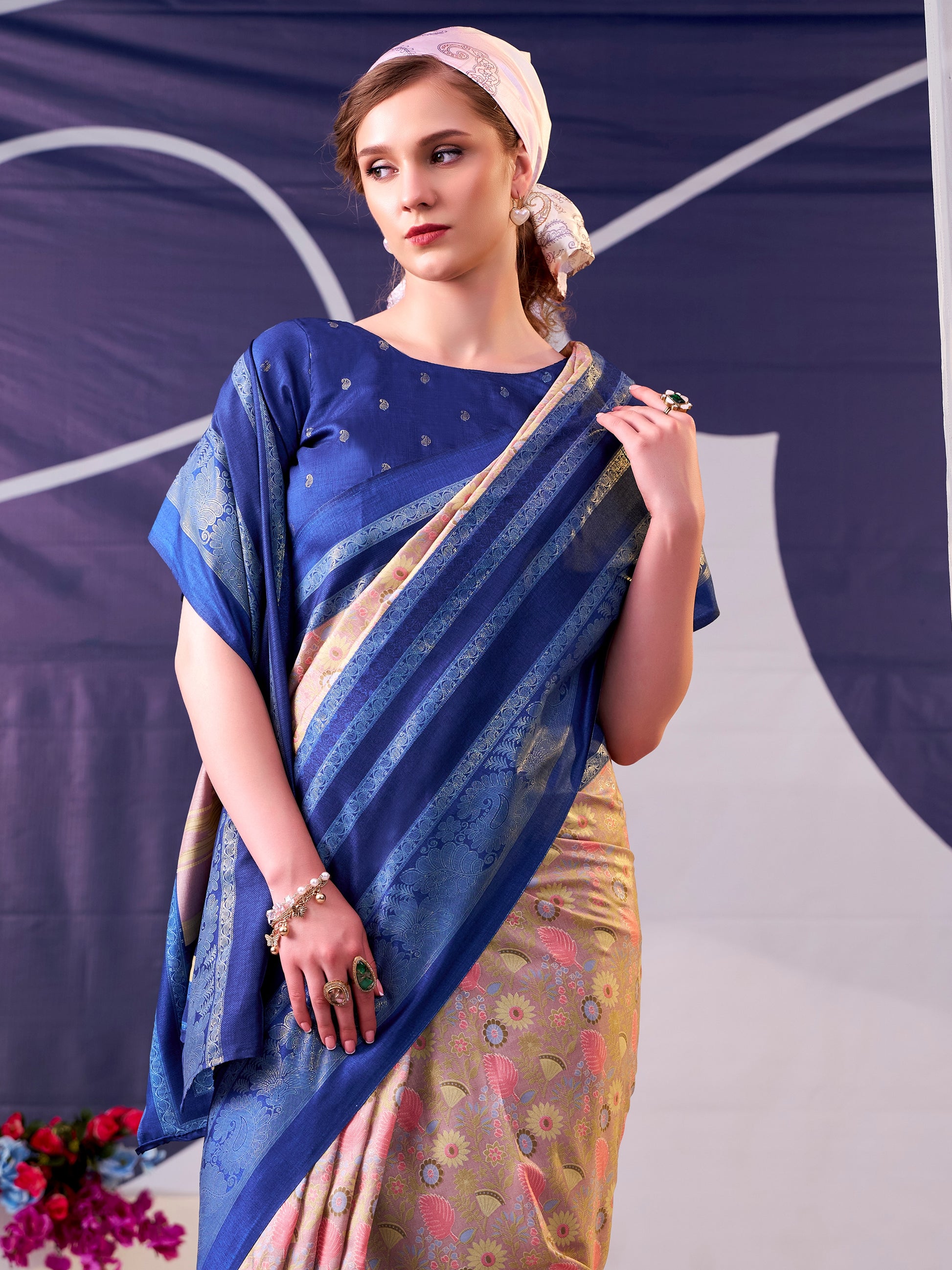 Precious Blue Floral Printed Silk Festive Wear Saree With Blouse