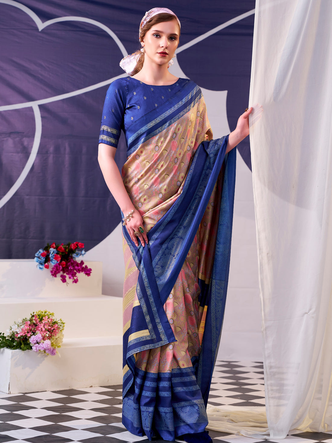 Precious Blue Floral Printed Silk Festive Wear Saree With Blouse