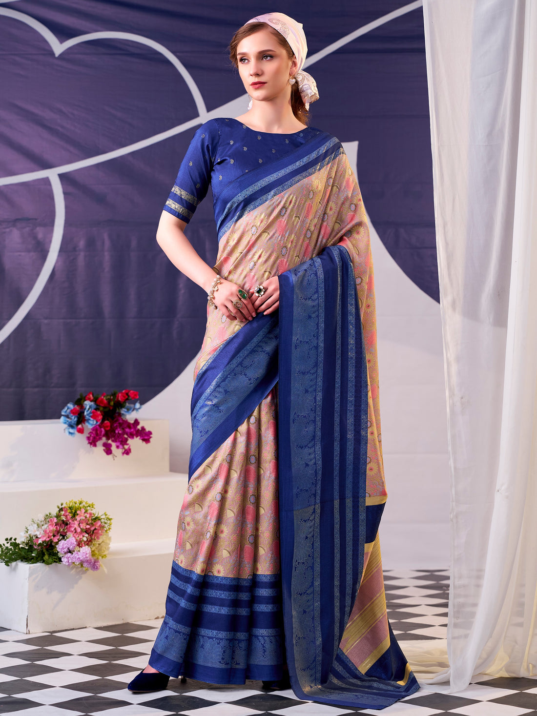 Precious Blue Floral Printed Silk Festive Wear Saree With Blouse