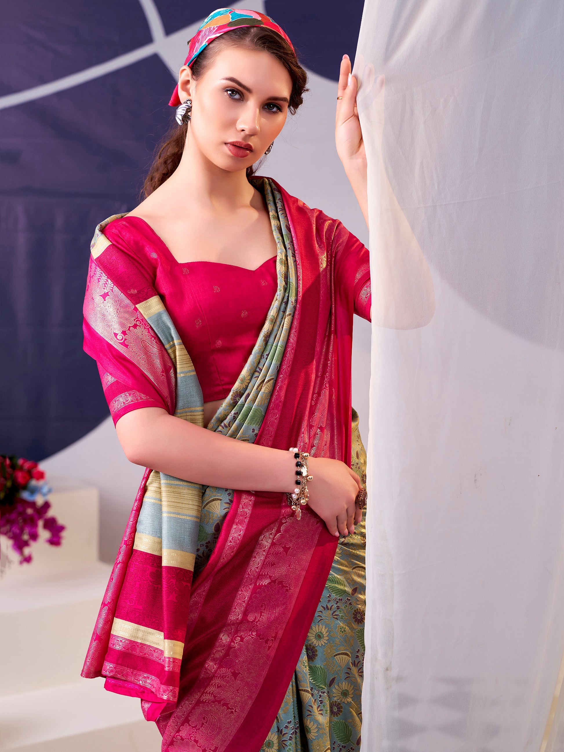 Attractive Pink Foil Work Silk Festive Wear Saree With Blouse