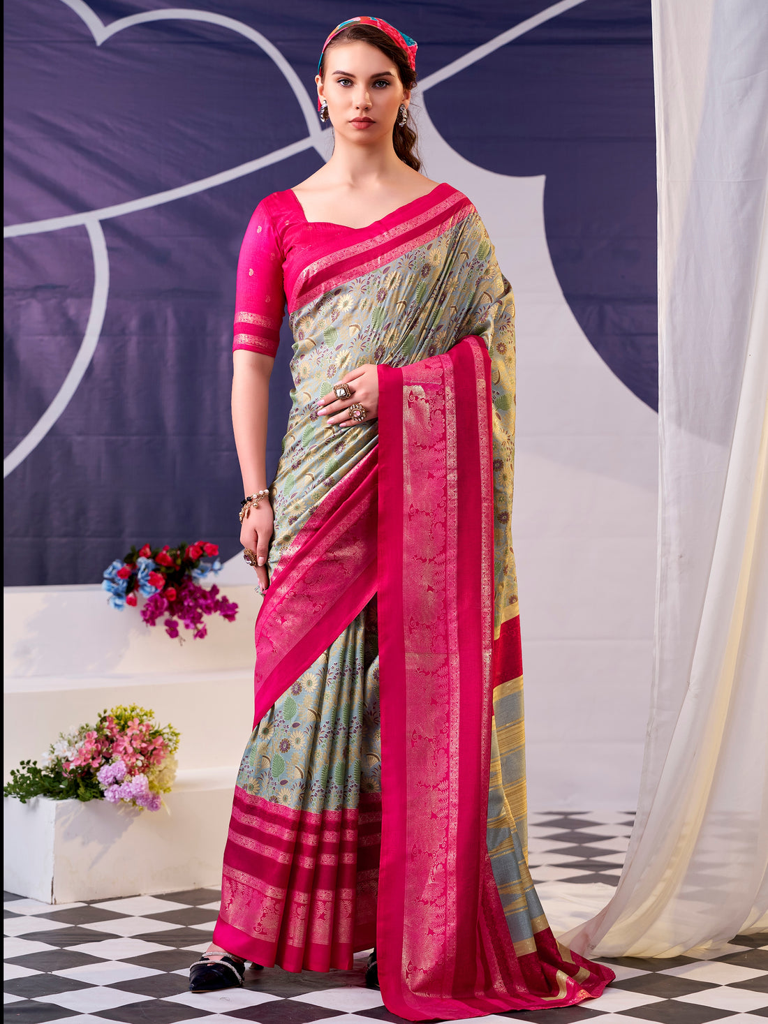 Attractive Pink Foil Work Silk Festive Wear Saree With Blouse