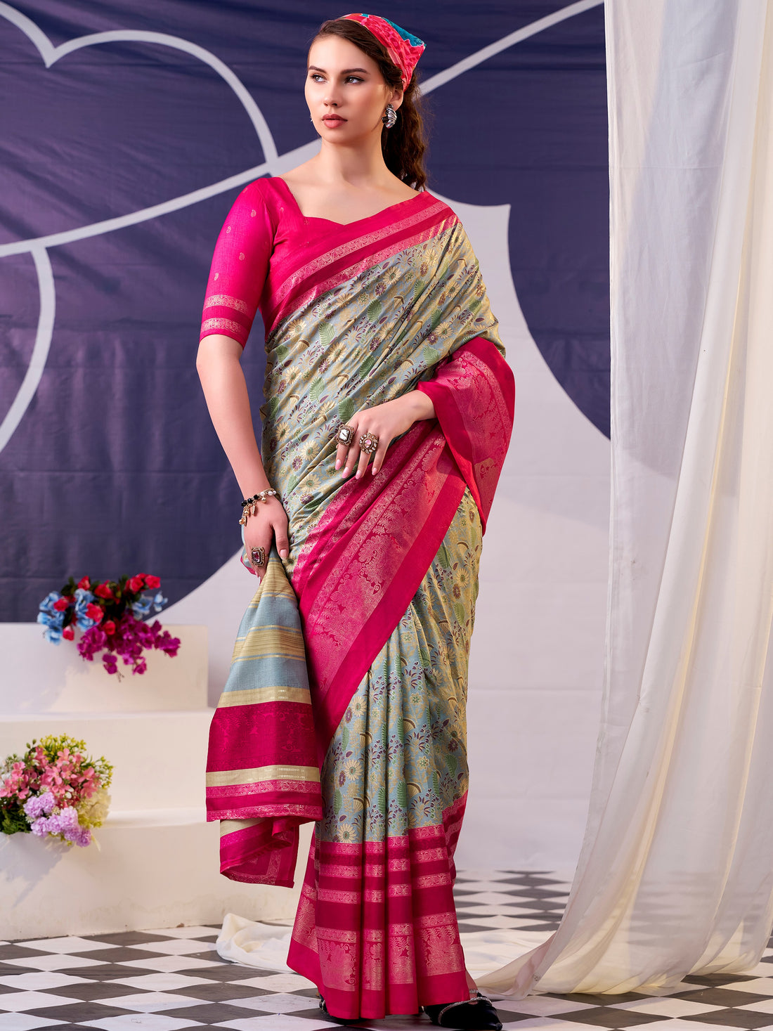 Attractive Pink Foil Work Silk Festive Wear Saree With Blouse