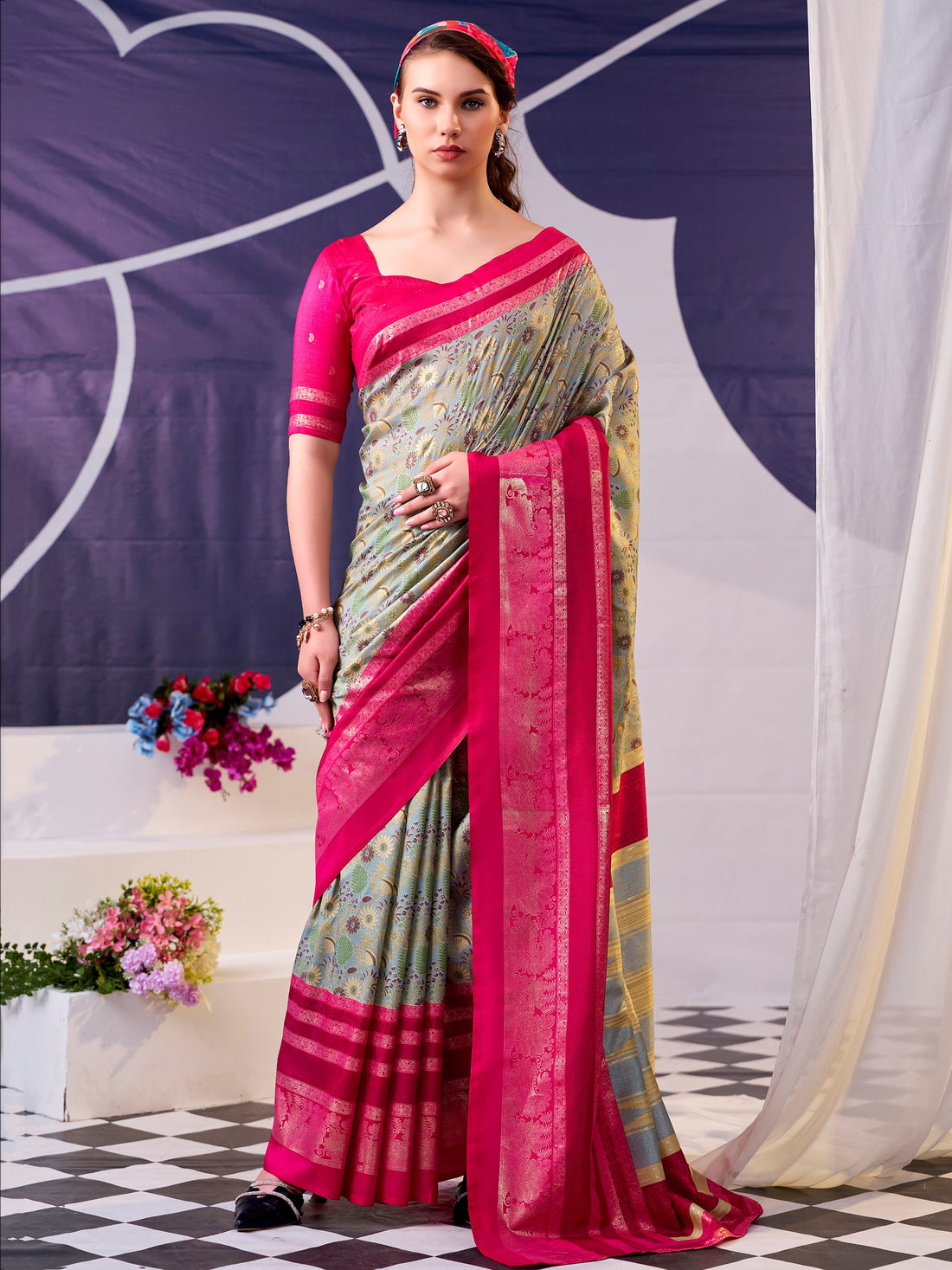 Attractive Pink Foil Work Silk Festive Wear Saree With Blouse