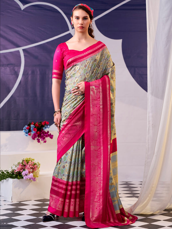 Attractive Pink Foil Work Silk Festive Wear Saree With Blouse