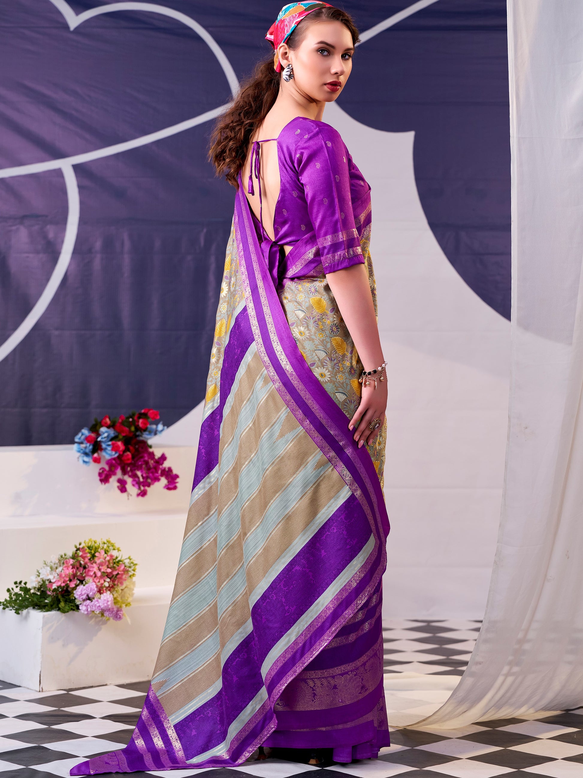 Alluring Purple Foil Work Silk Festive Wear Saree With Blouse