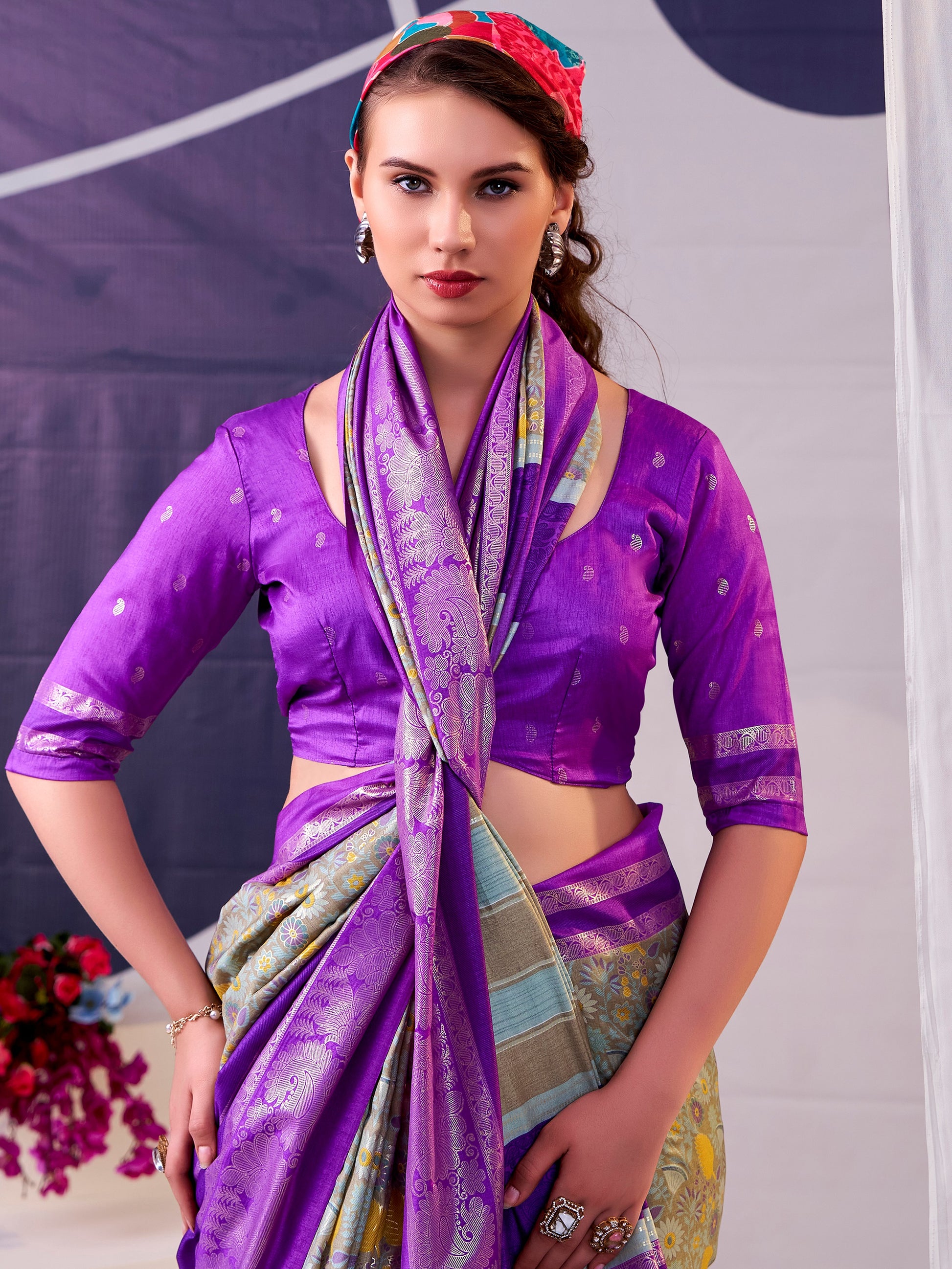 Alluring Purple Foil Work Silk Festive Wear Saree With Blouse
