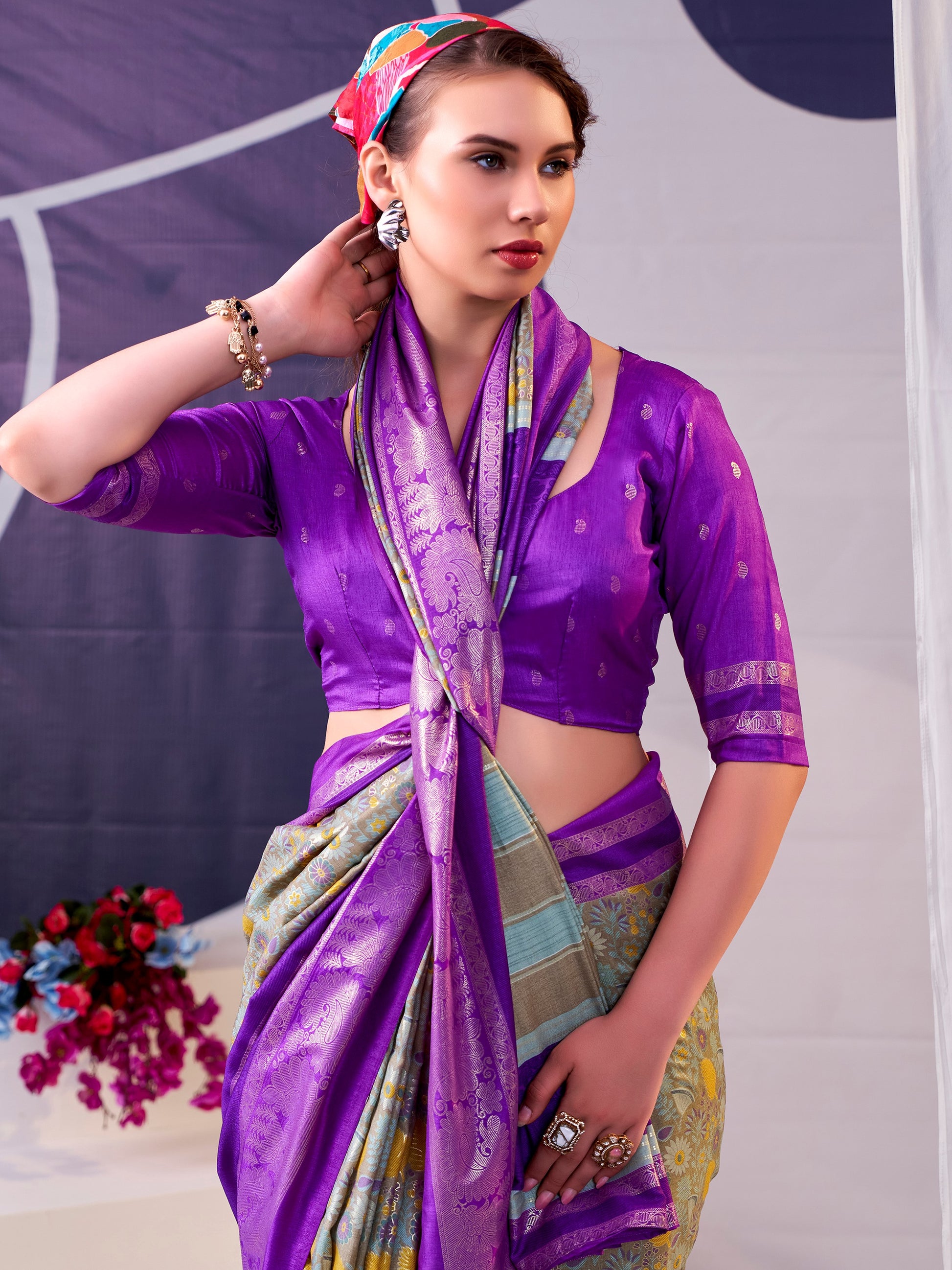 Alluring Purple Foil Work Silk Festive Wear Saree With Blouse
