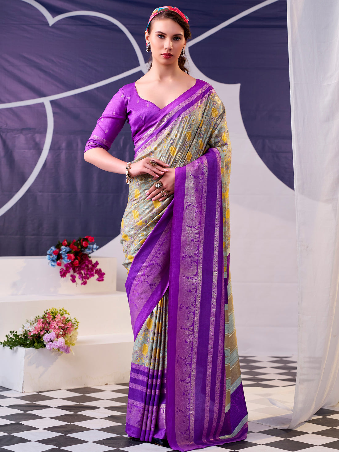 Alluring Purple Foil Work Silk Festive Wear Saree With Blouse