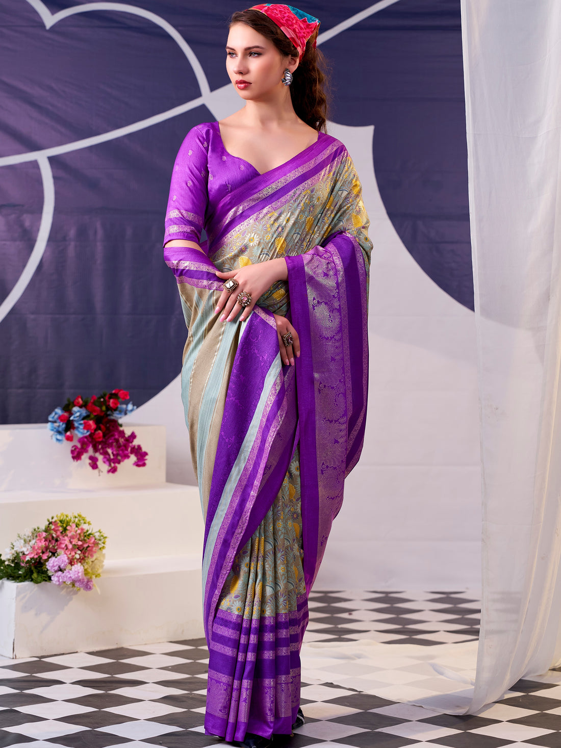 Alluring Purple Foil Work Silk Festive Wear Saree With Blouse