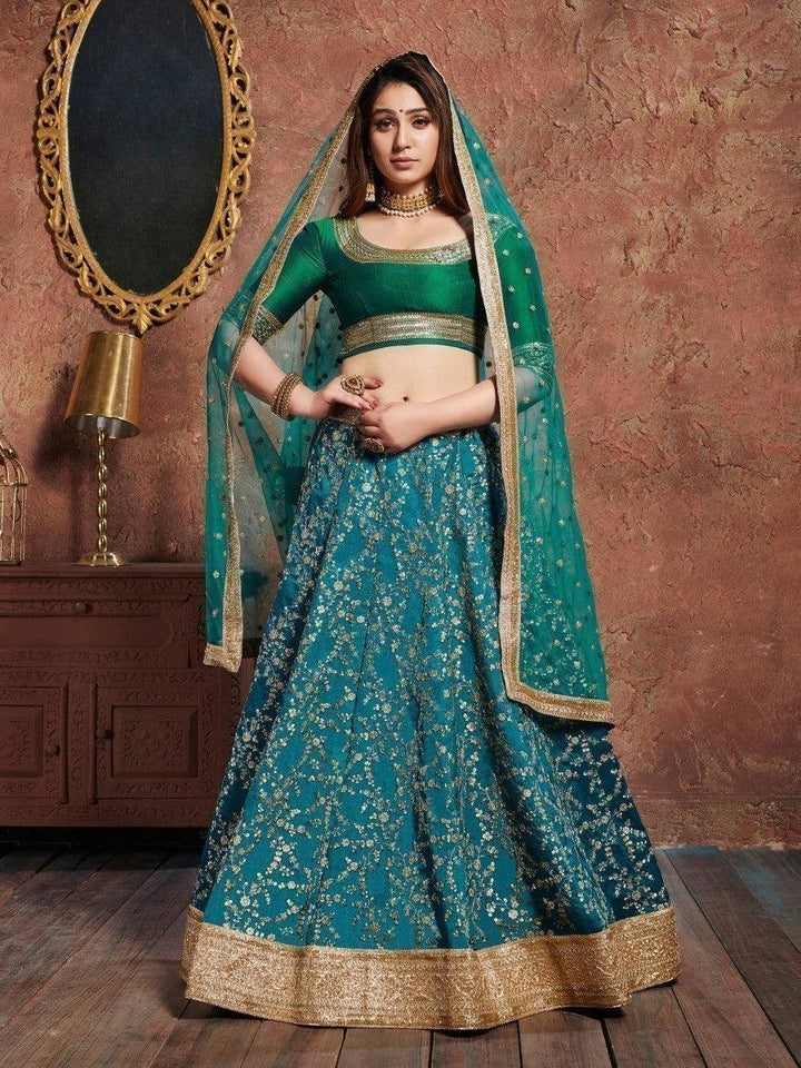 Teal Green Sequins Art Silk Wedding Wear Lehenga Choli