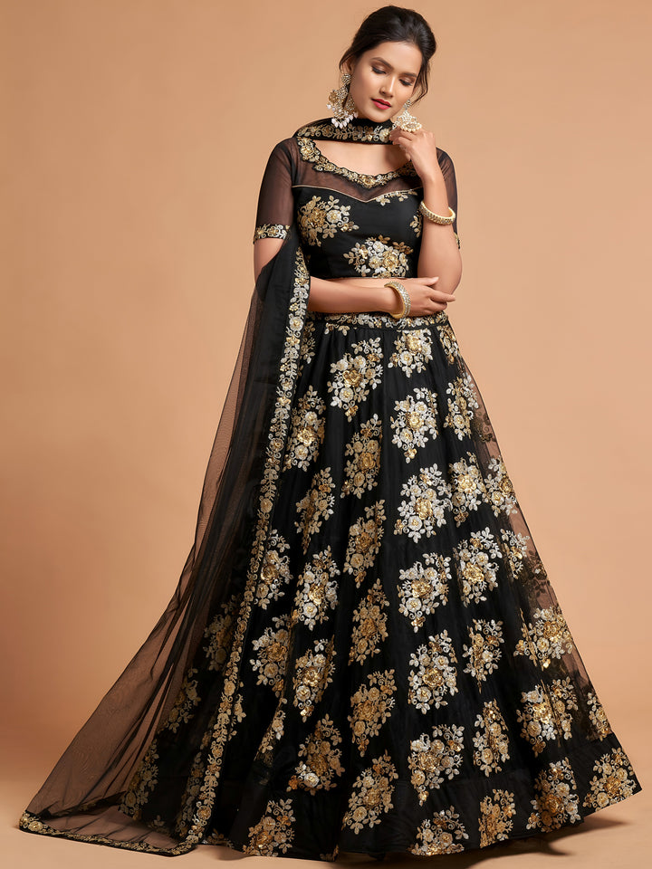 Fabulous Black Zari Embroidery Net Reception Wear Lehenga Choli