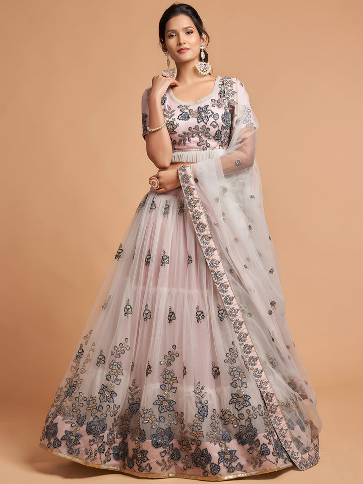 Super Grey Zari Embroidery Net Party Wear Lehenga Choli