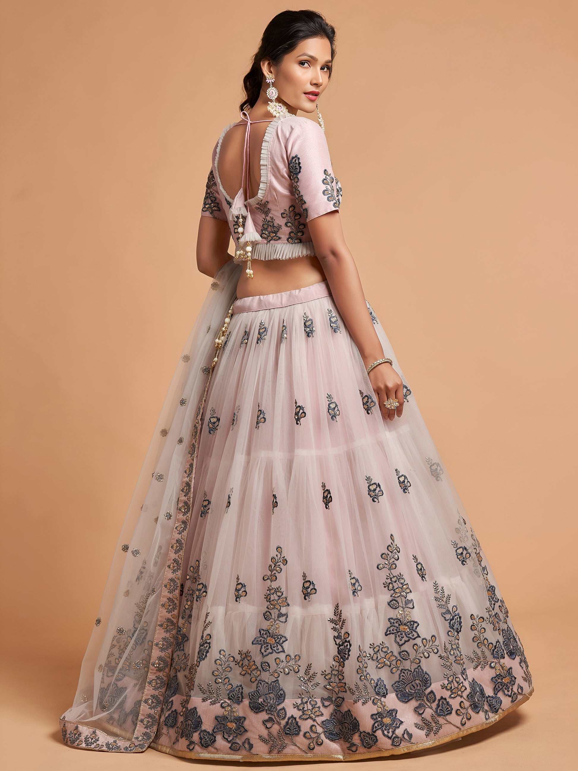 Super Grey Zari Embroidery Net Party Wear Lehenga Choli