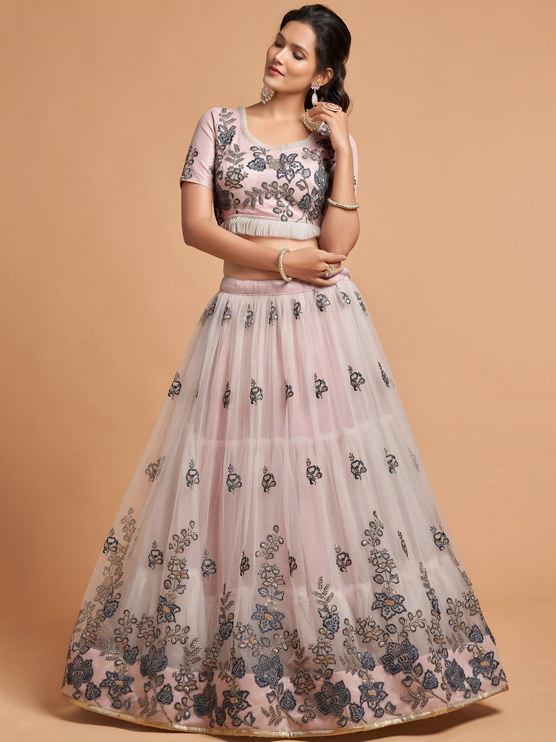 Super Grey Zari Embroidery Net Party Wear Lehenga Choli