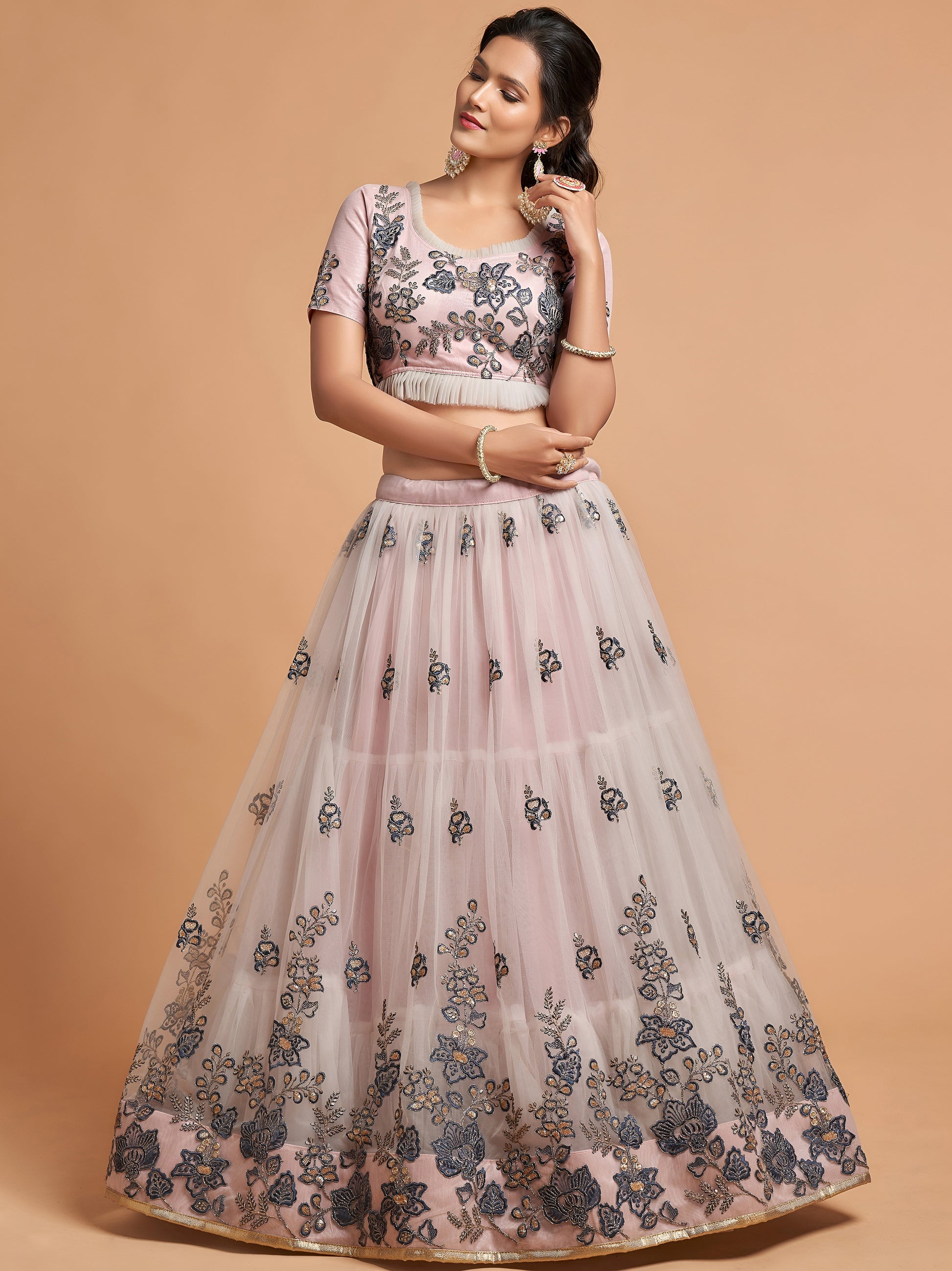 Super Grey Zari Embroidery Net Party Wear Lehenga Choli
