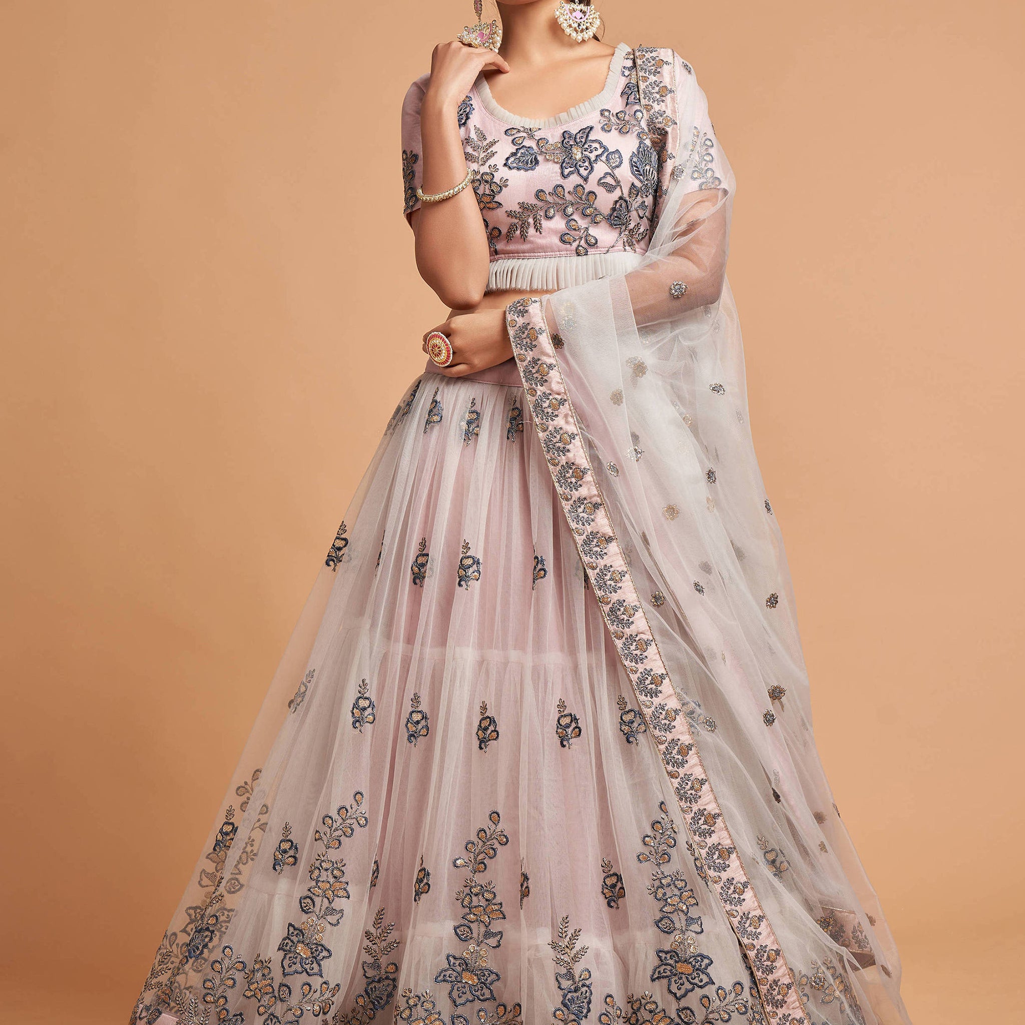 Super Grey Zari Embroidery Net Party Wear Lehenga Choli