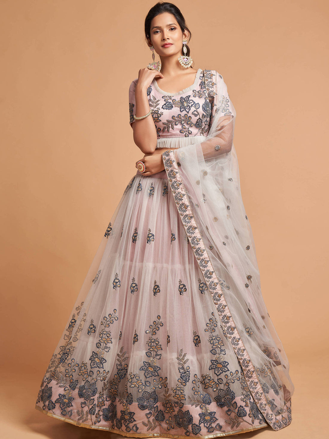 Super Grey Zari Embroidery Net Party Wear Lehenga Choli