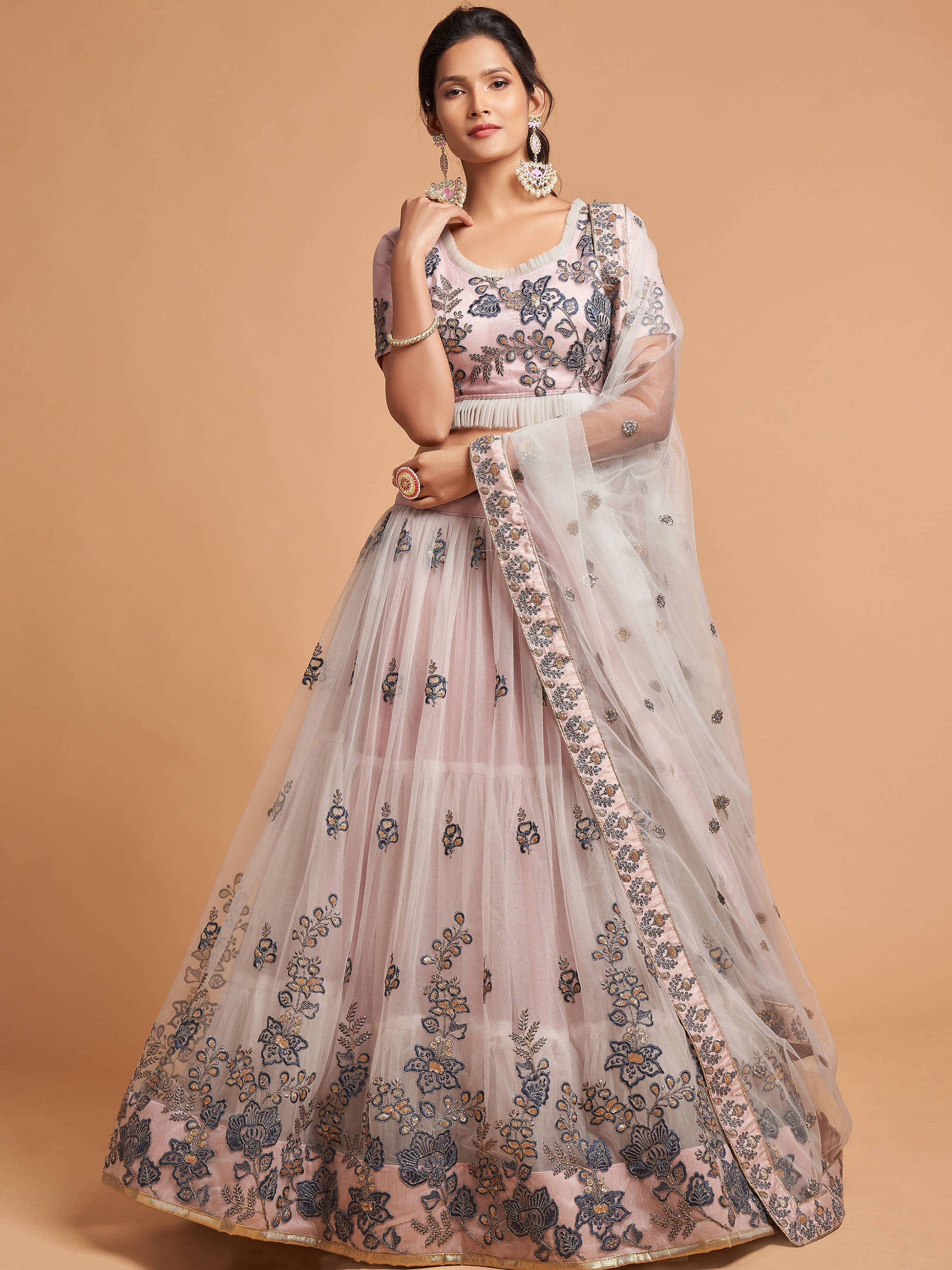 Super Grey Zari Embroidery Net Party Wear Lehenga Choli