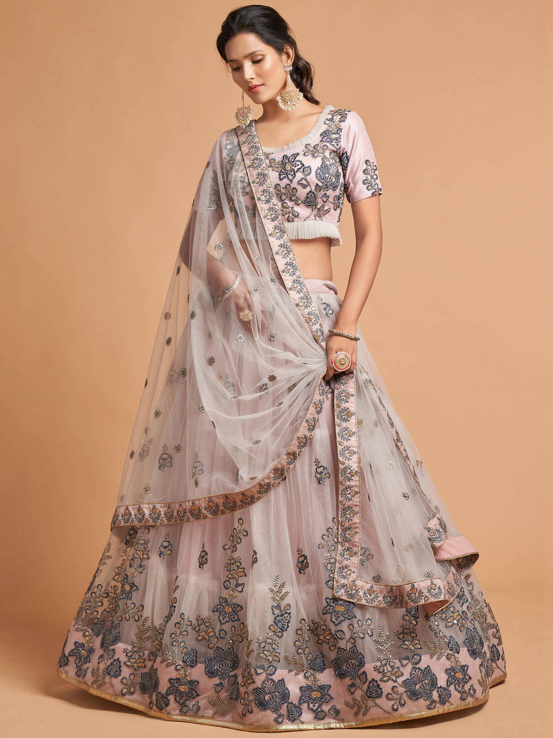 Super Grey Zari Embroidery Net Party Wear Lehenga Choli