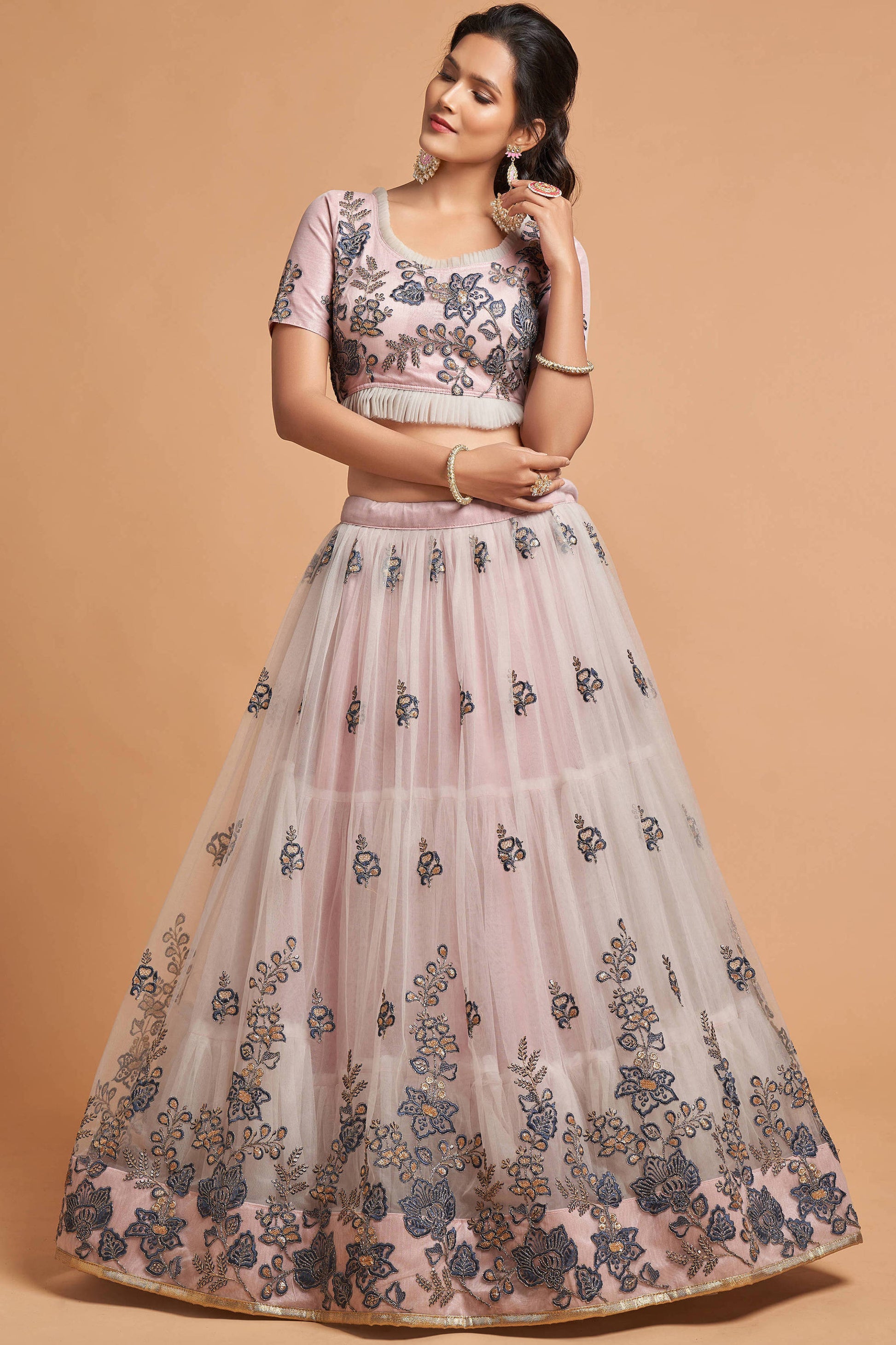 Super Grey Zari Embroidery Net Party Wear Lehenga Choli