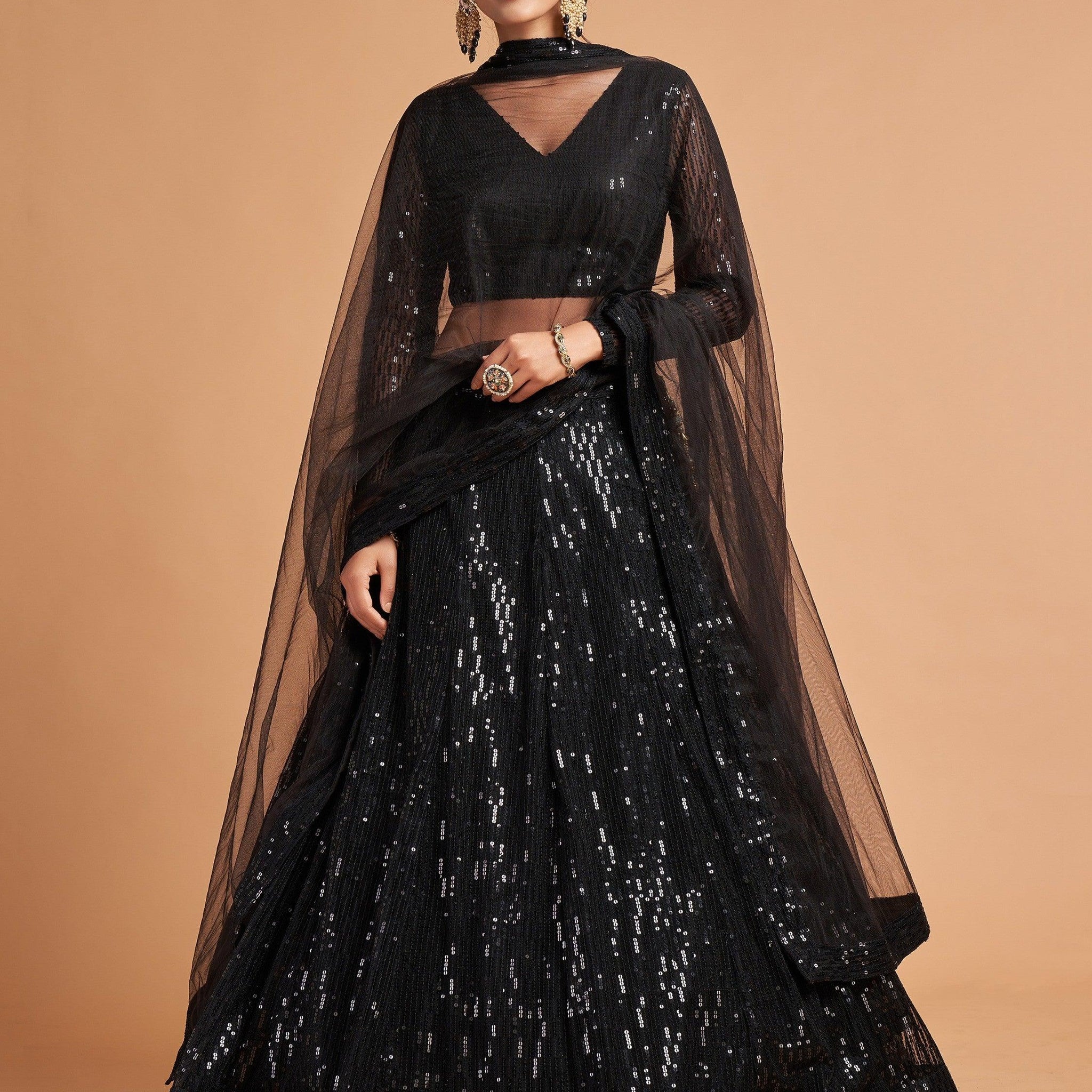 Marvelous Black Sequins Embroidered Net Party Wear Lehenga Choli