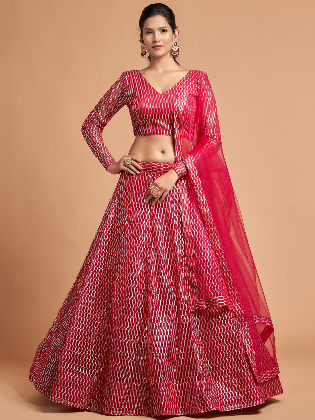 Superb Hot Pink Thread Embroidered Net Party Wear Lehenga Choli