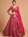 Superb Hot Pink Thread Embroidered Net Party Wear Lehenga Choli