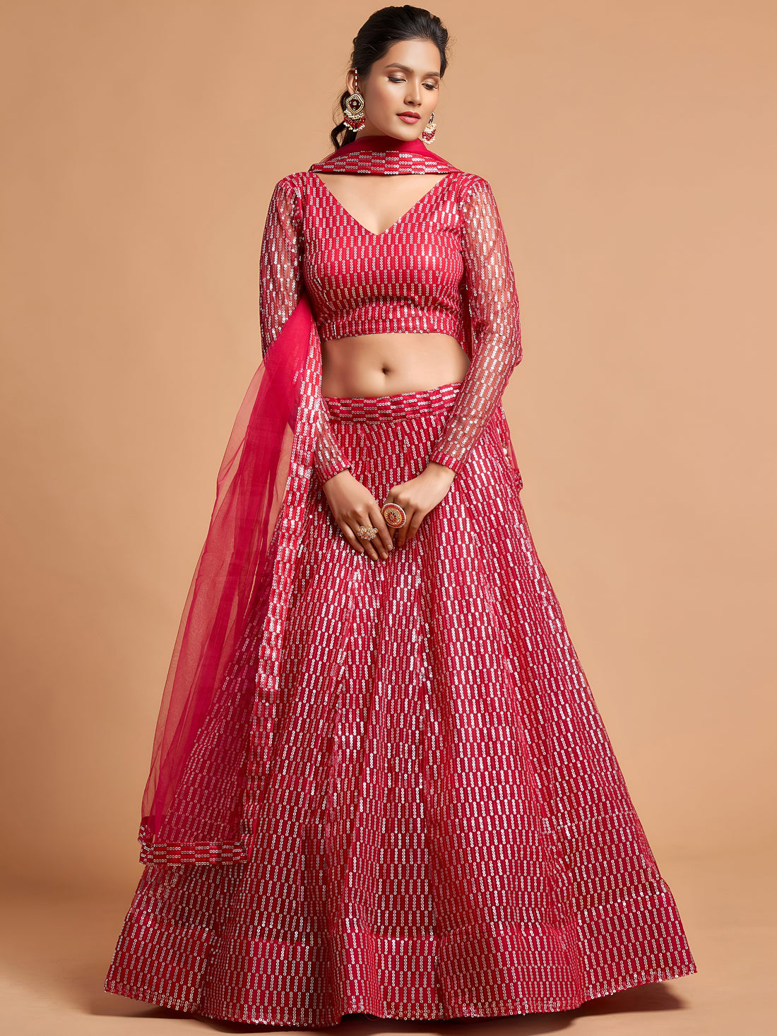 Superb Hot Pink Thread Embroidered Net Party Wear Lehenga Choli