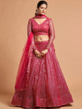 Superb Hot Pink Thread Embroidered Net Party Wear Lehenga Choli