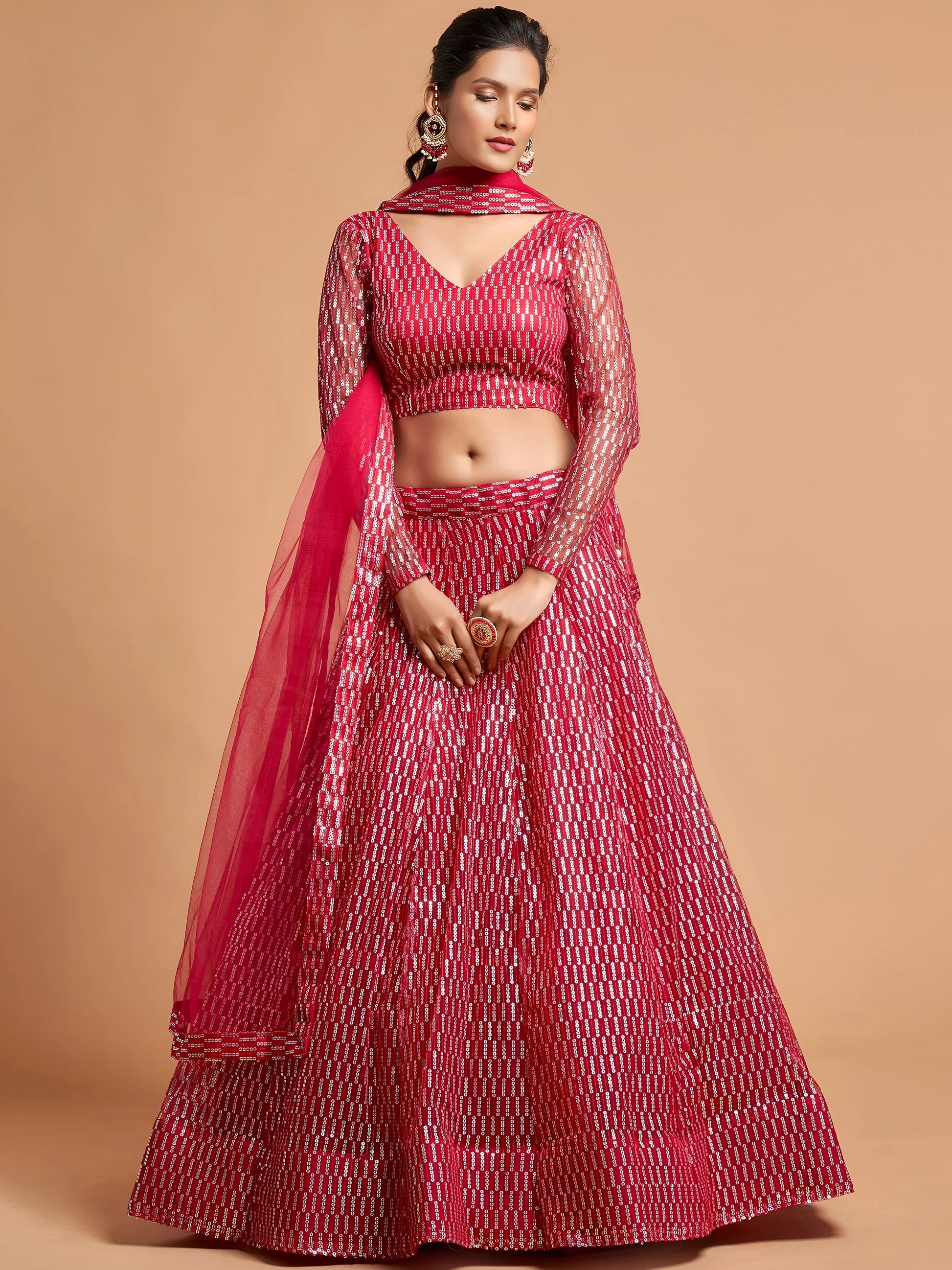 Superb Hot Pink Thread Embroidered Net Party Wear Lehenga Choli