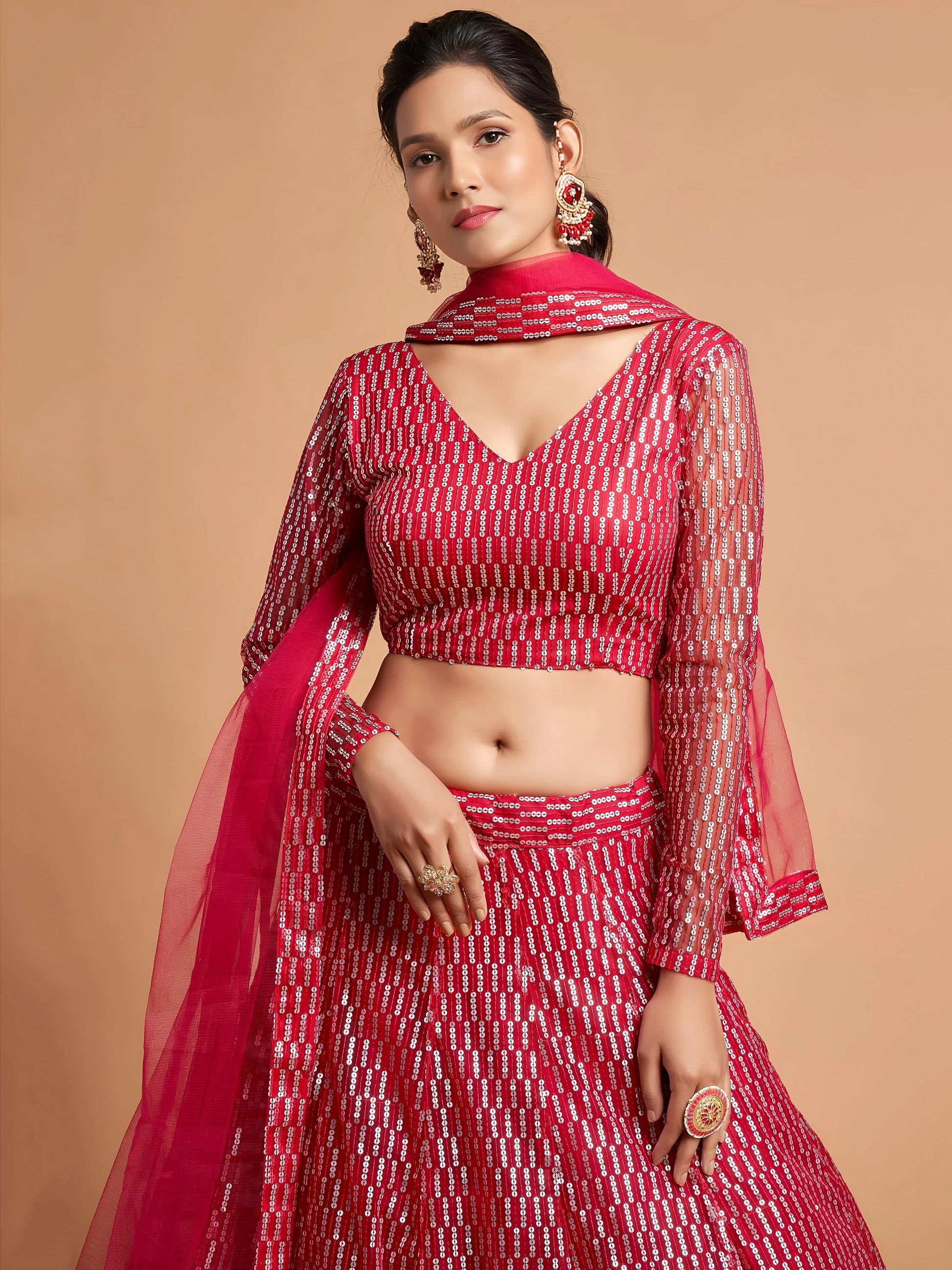 Superb Hot Pink Thread Embroidered Net Party Wear Lehenga Choli