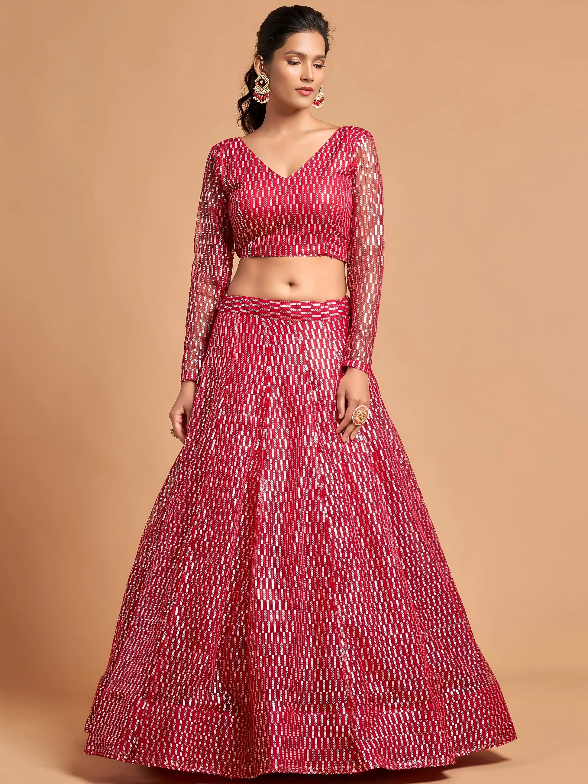 Superb Hot Pink Thread Embroidered Net Party Wear Lehenga Choli