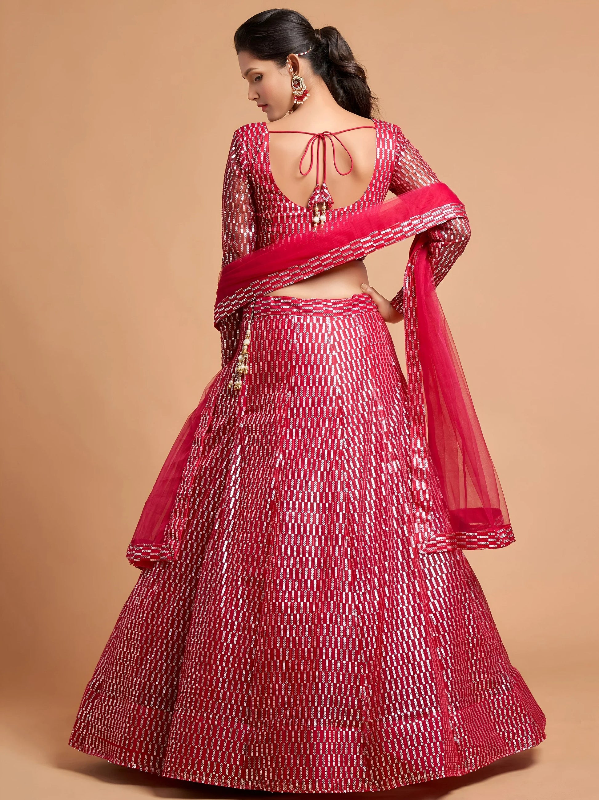 Superb Hot Pink Thread Embroidered Net Party Wear Lehenga Choli