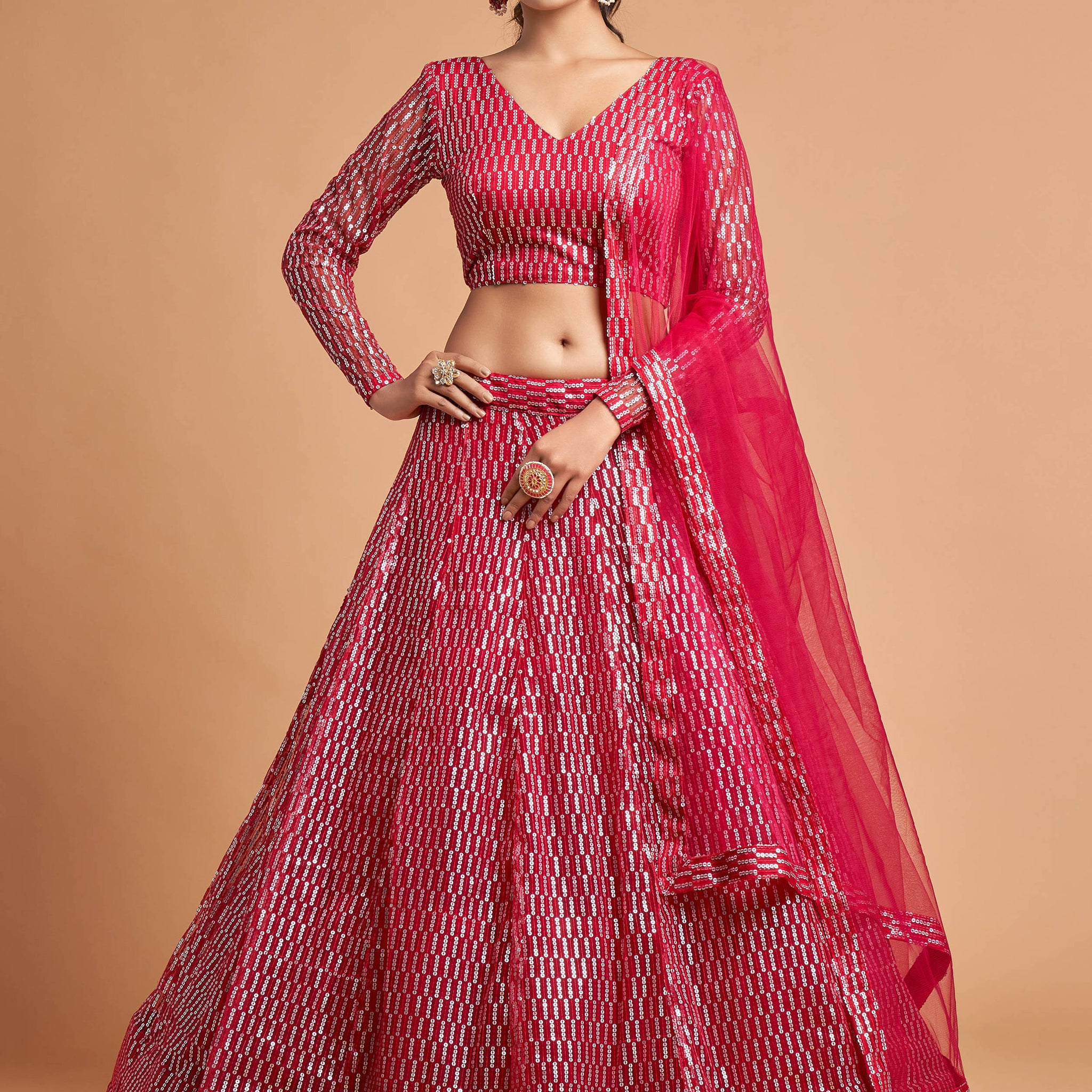 Superb Hot Pink Thread Embroidered Net Party Wear Lehenga Choli