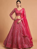Superb Hot Pink Thread Embroidered Net Party Wear Lehenga Choli