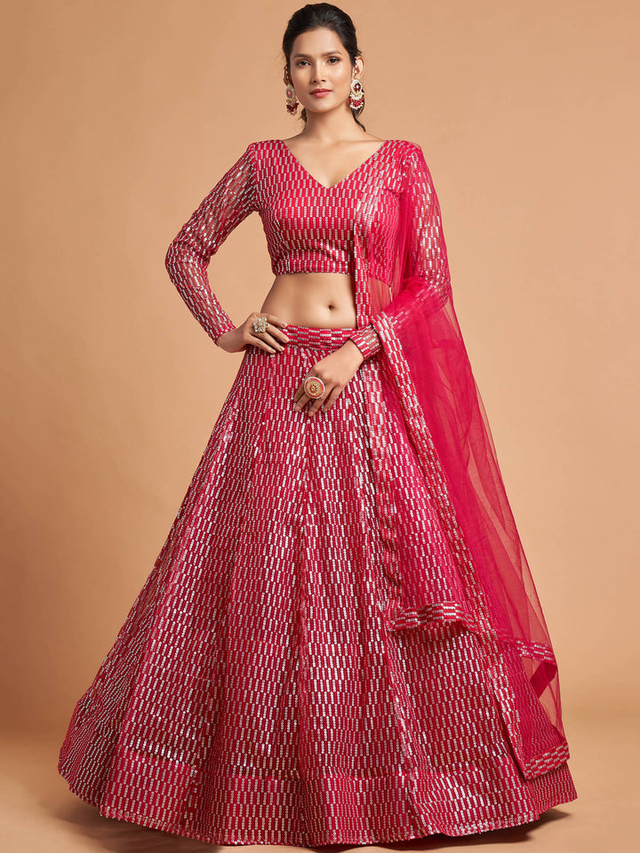 Superb Hot Pink Thread Embroidered Net Party Wear Lehenga Choli